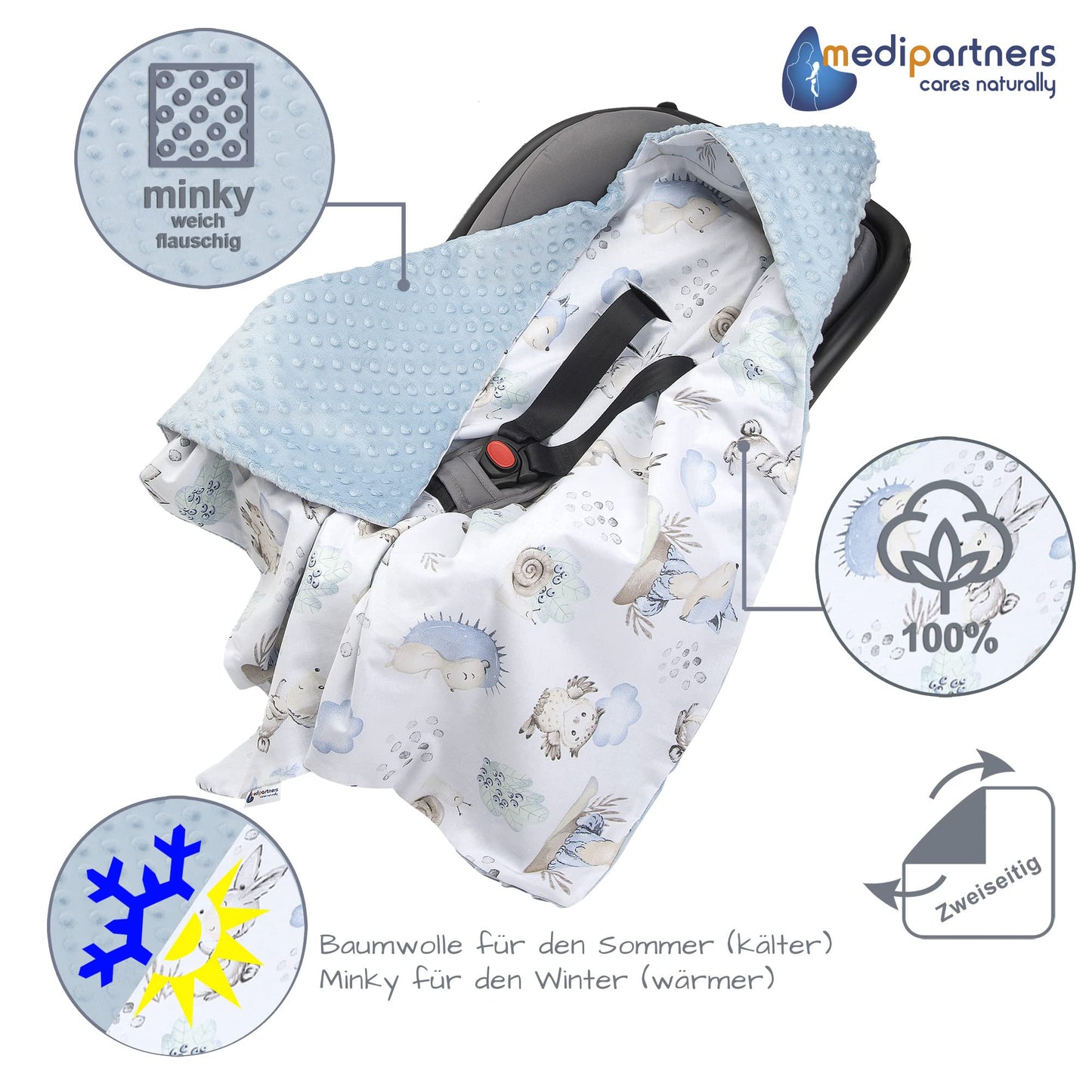 Medi Partners Einschlagdecke Baby Babyschale 100% Baumwolle für Sommer 85x85cm Kinderwagen Kuscheldecke universal Baby Decke Einschlagdecken Babydecke Buggy Autositz (weiße Sterne mit grauen Minky