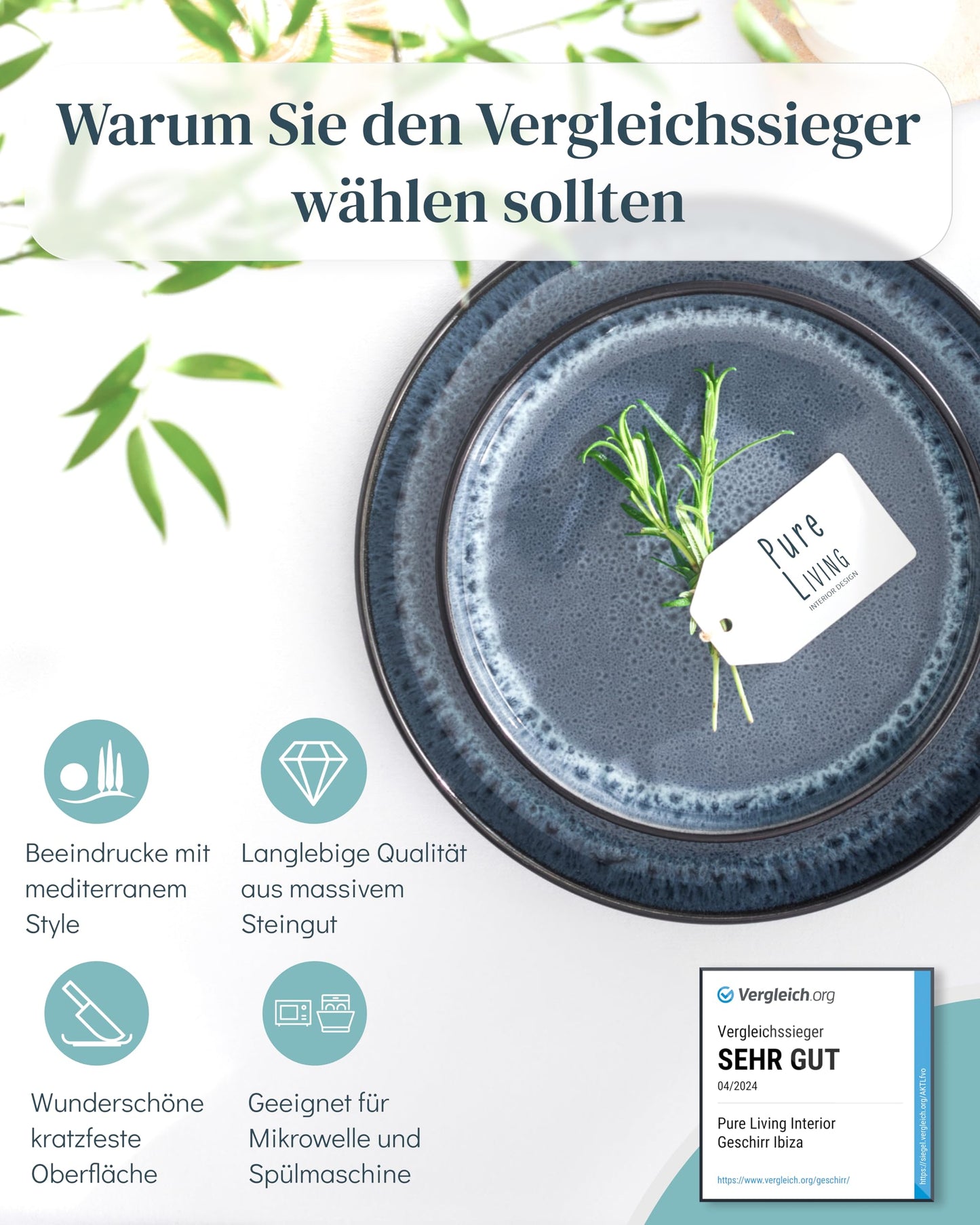 Steingut Frühstücksteller 6 Pers. Ibiza Hochwertiges Mediterranes TEST SEHR GUT Dessertteller Set - Kuchenteller spülmaschinen- und kratzfest - Kleine Teller, Salatteller Pure Living in Petrol