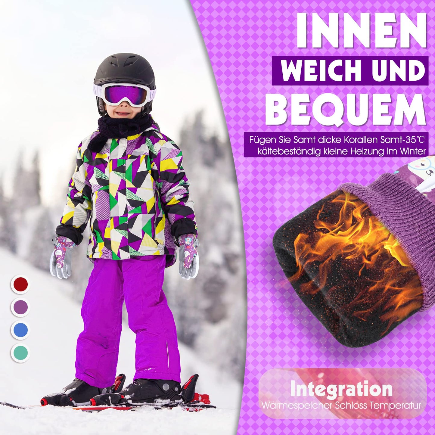 WESTGIRL Children’s Winter Gloves, Windproof, Warm Ski Gloves, Thermal Fleece, Water-Repellent Cartoon Snow Gloves, Outdoor Gloves for Snowboarding, Cycling, for Boys and Girls Aged 3–12 Years