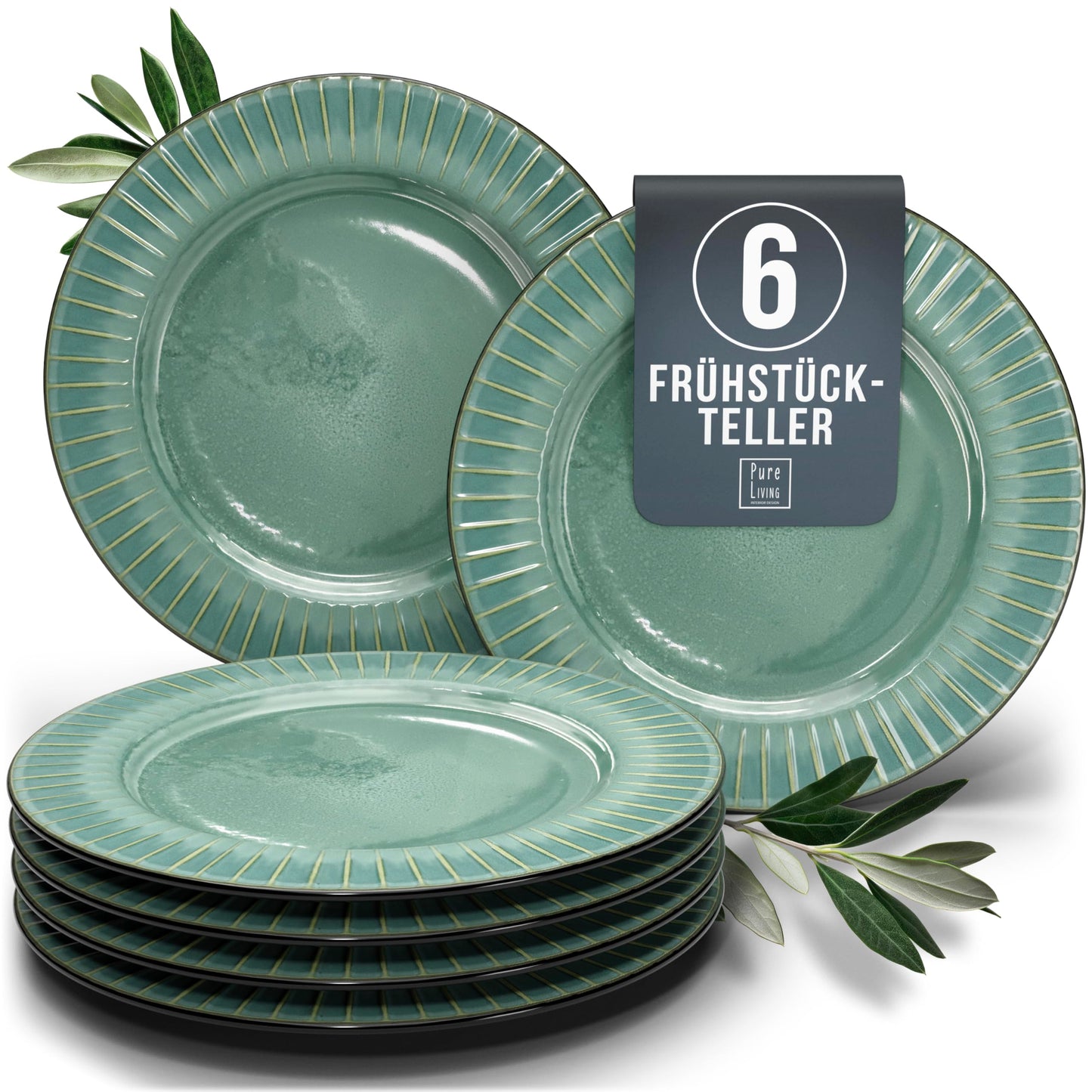 Steingut Frühstücksteller 6 Pers. Ibiza Hochwertiges Mediterranes TEST SEHR GUT Dessertteller Set - Kuchenteller spülmaschinen- und kratzfest - Kleine Teller, Salatteller Pure Living in Petrol