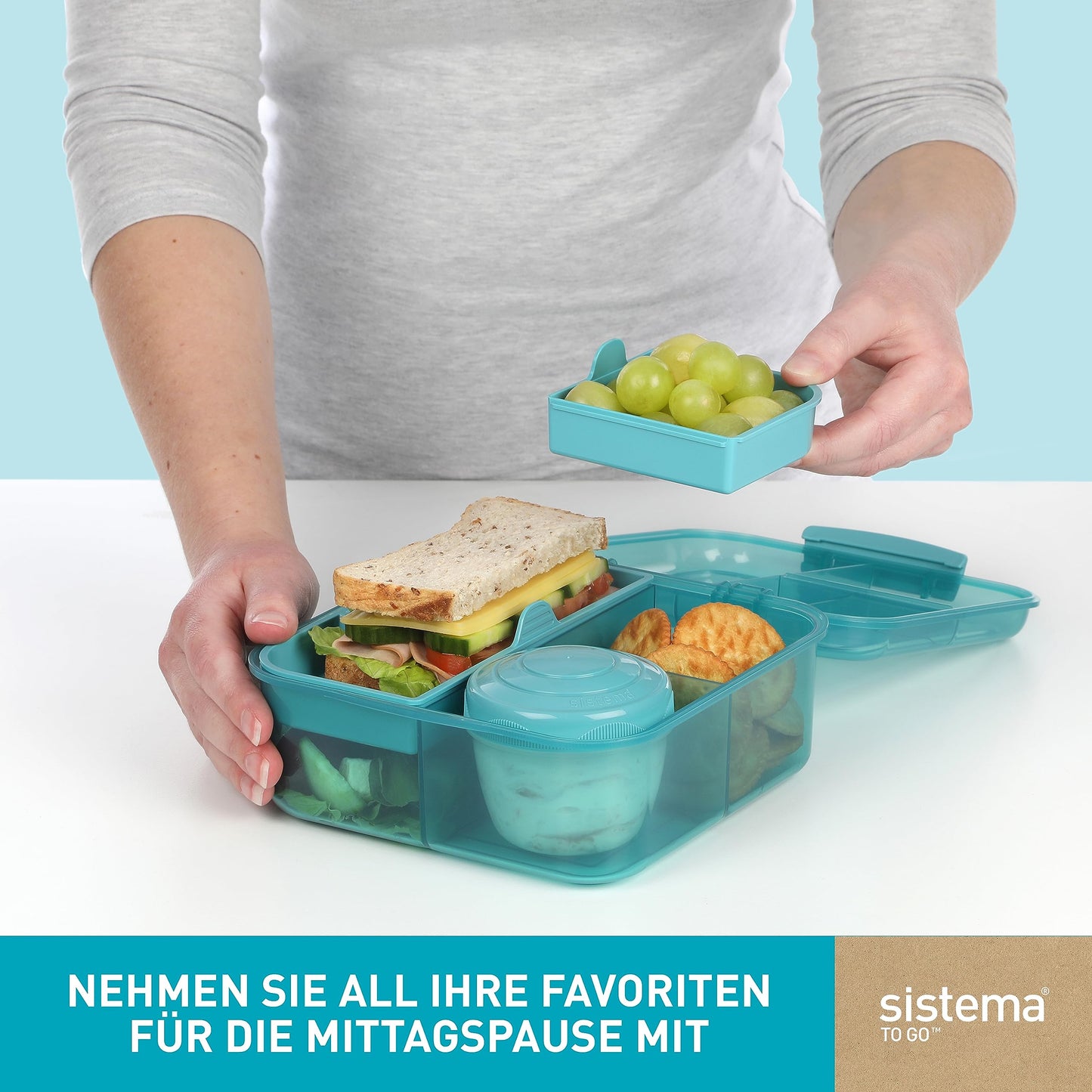Sistema Bento-Box | 1,25 L | Brotdose für Pause mit Fächern und Snackbox | BPA-frei | hergestellt aus Ocean Bound Plastic | Teal Stone | 1 Stück, Mintgrün (Recycelter Kunststoff)