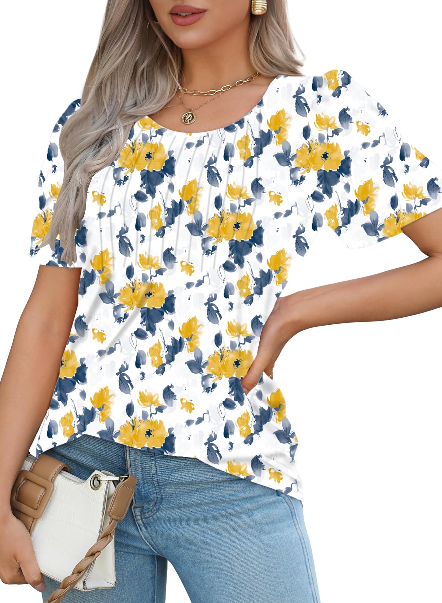 Cuptacc Tshirt Damen Rundhals Mit Falten Locker Puffärmel T-Shirt Elegant Kurzarm Geblümt/Einfarbig Top Damen