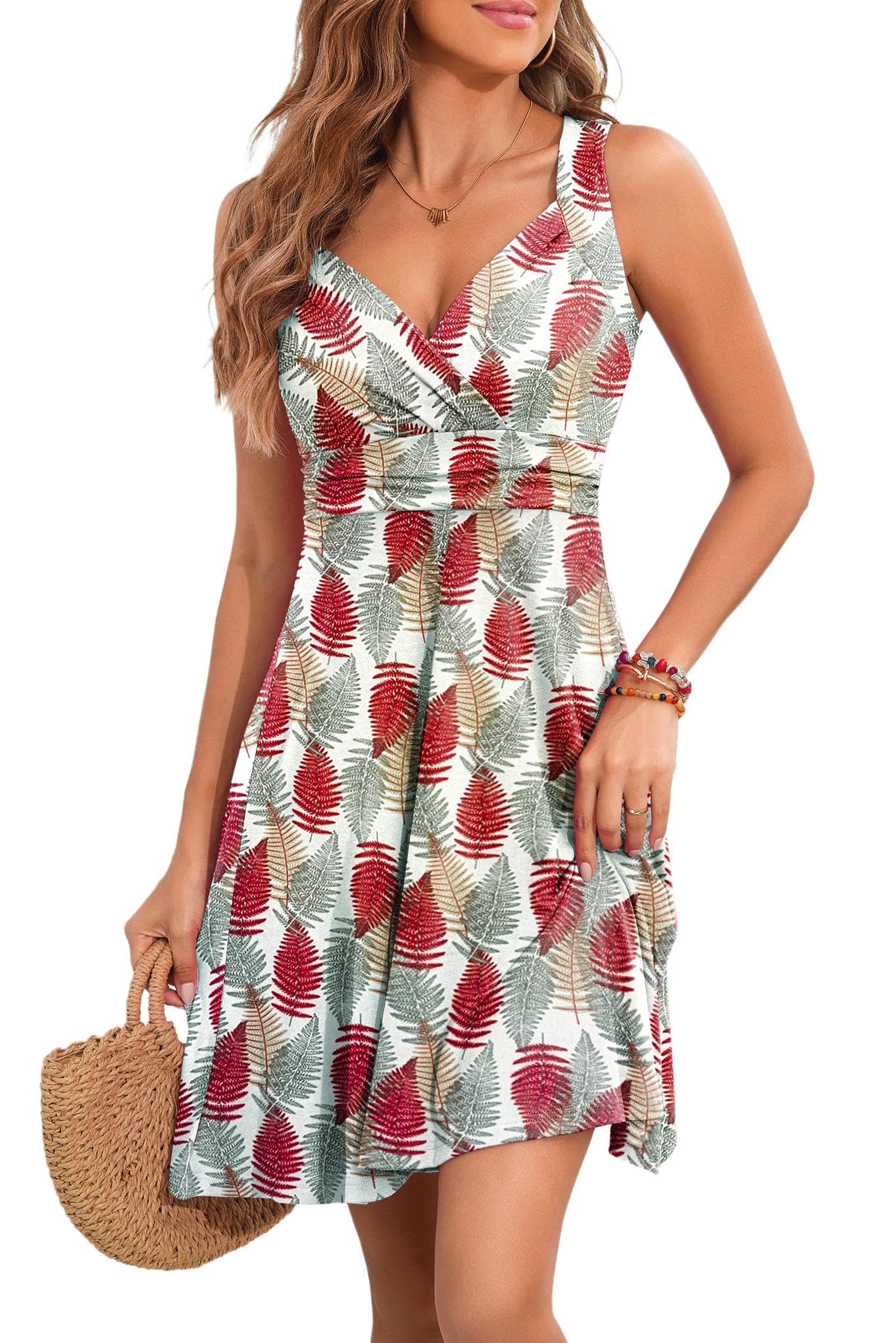 YUTILA Sommerkleid Damen V-Ausschnitt Ärmelloses Kleider Midi Blumenmuster Leicht Kleid Strandkleid