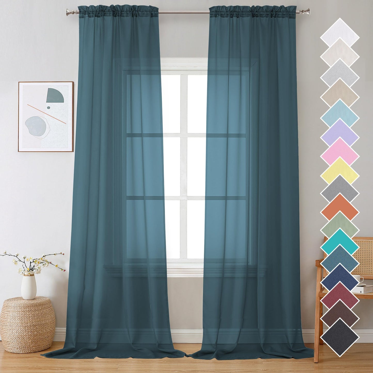 OVZME Extra Lange, durchsichtige Vorhänge, 241,3 cm Länge für französische Tür, Stangentasche, Voile, Fensterbehandlung für Wohnzimmer, Marineblau, 2 Paneele à 42 x 95 l