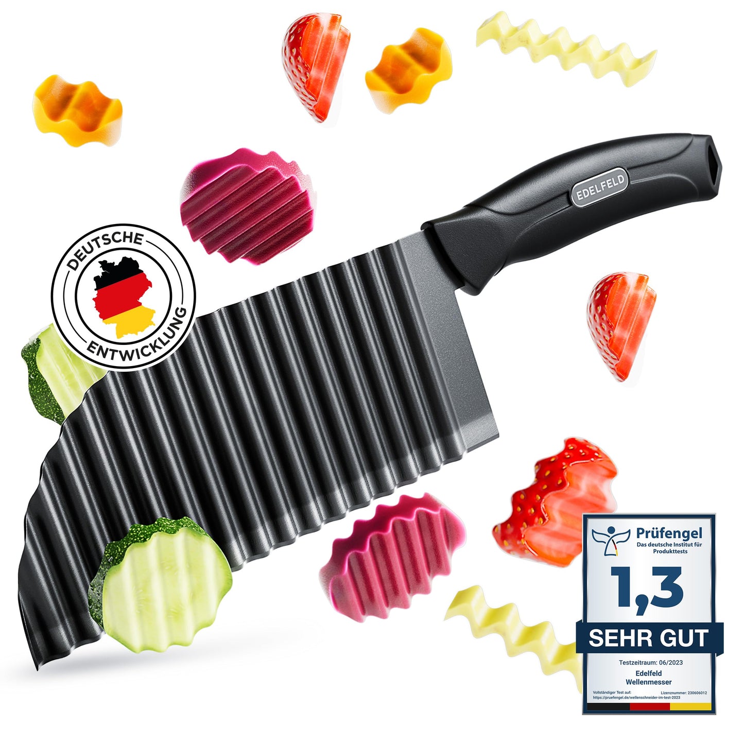 EDELFELD Wellenschneider für Pommes, Obst & Gemüse [TESTSIEGER] - Spülmaschinengeeignetes Wellenmesser mit Titanklinge - Riffelmesser für Erwachsene & Kinder - BLW Wellenschnittmesser aus Edelstahl