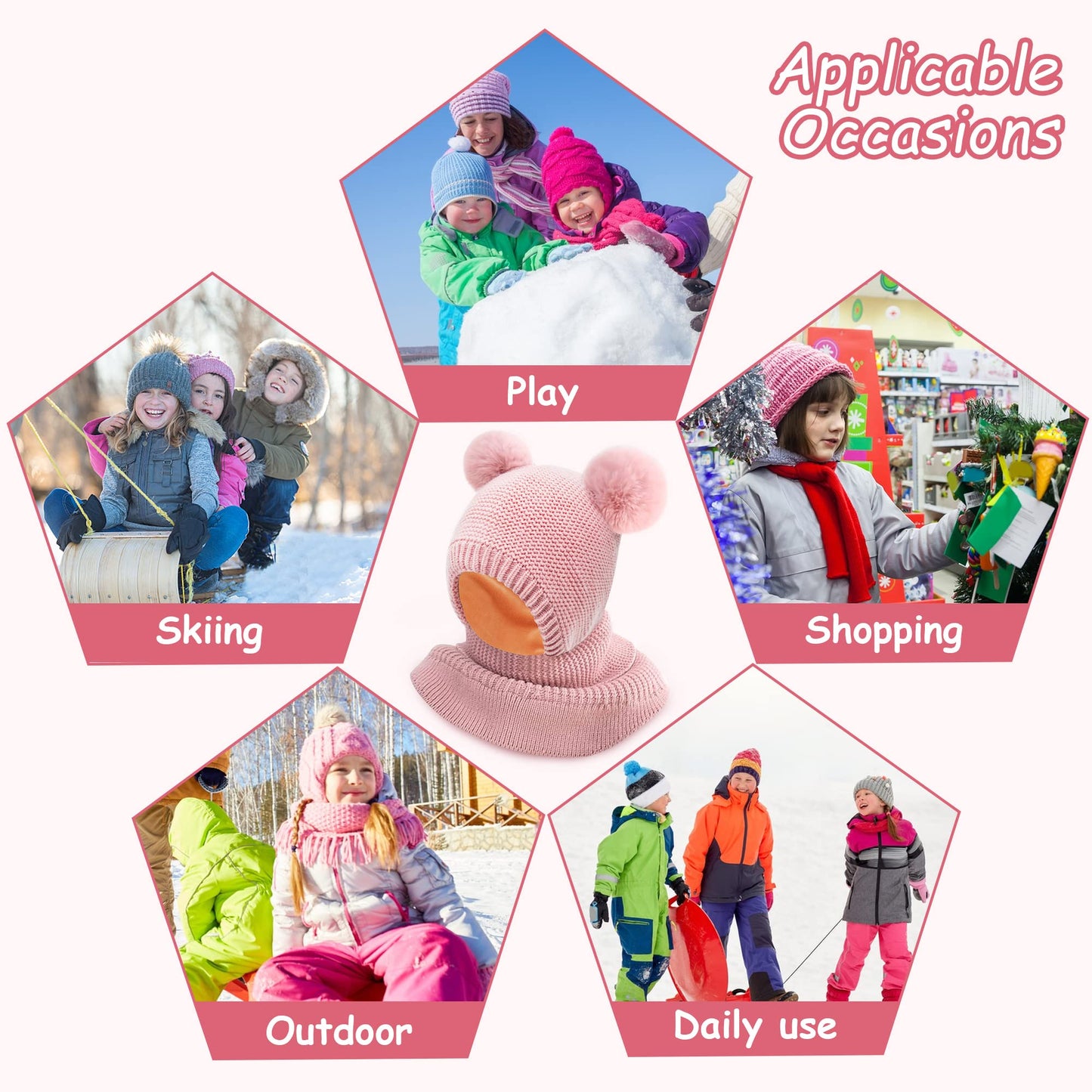 Children's Slip-On Hat Girls Boys Scarf Hat Fleece Lined Knitted Hat with Bobble Cute Winter Warm Beanie Hat Children's Hat Bobble Hat Loop Scarves for Toddlers Children 2-6 Years Old