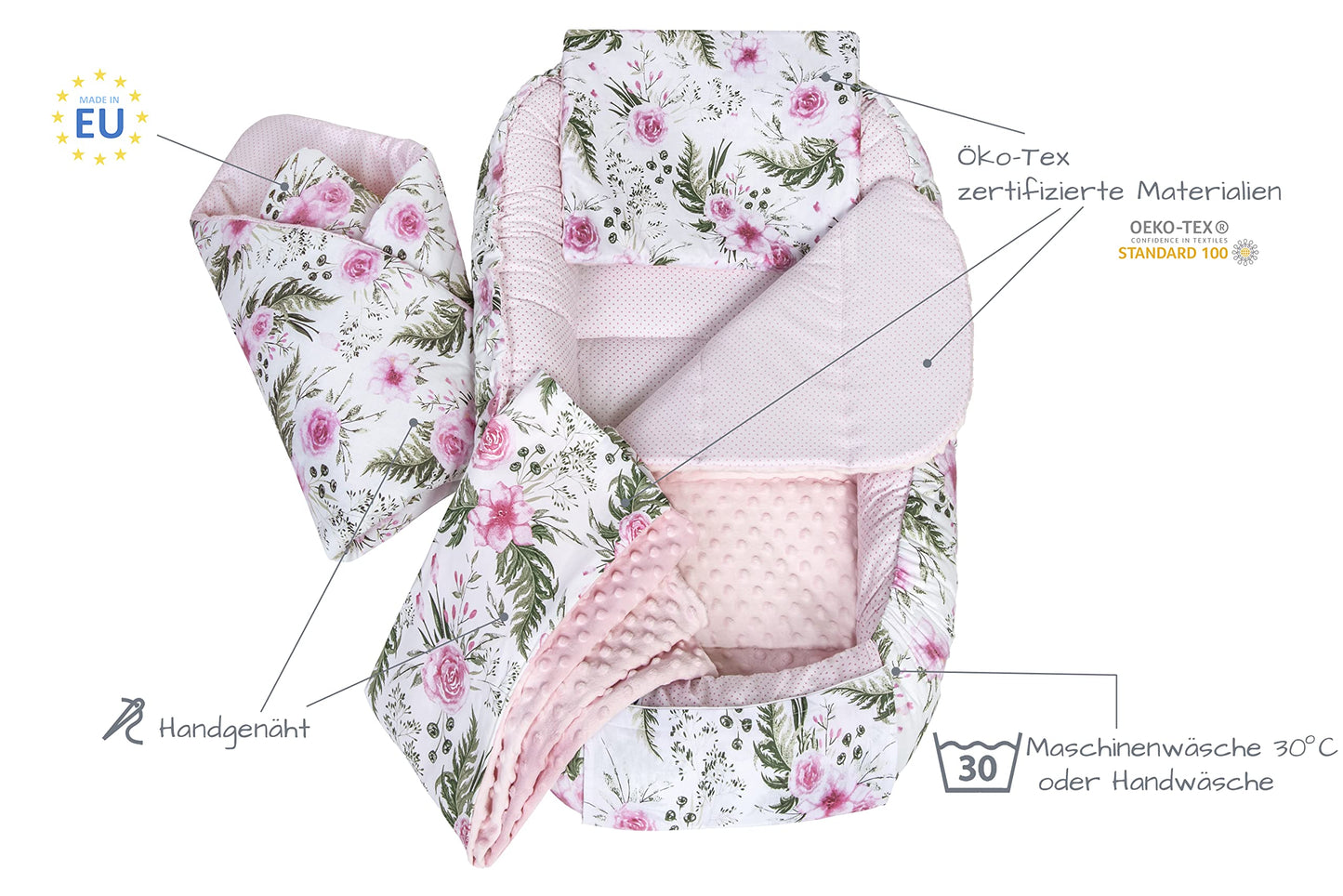 Medi Partners Babynest Nestchen Baby Set für Neugeborene - 100x60x15 Kuschelnest 5 teilig tragbar Nest zweiseitig Babynestchen Bett 100% Baumwolle (Lichtung mit grauem Minky)