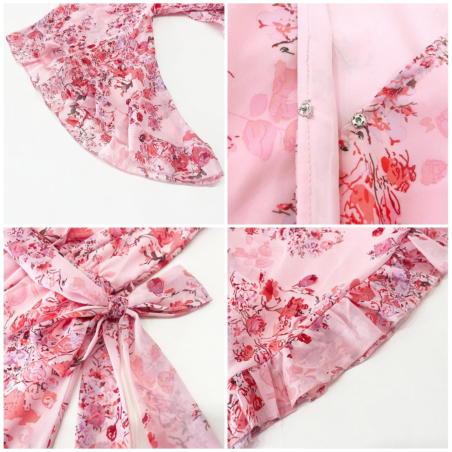 Odizli Sommerkleid Damen Kurz Elegant Blumen Chiffon V-Ausschnitt Wickelkleid