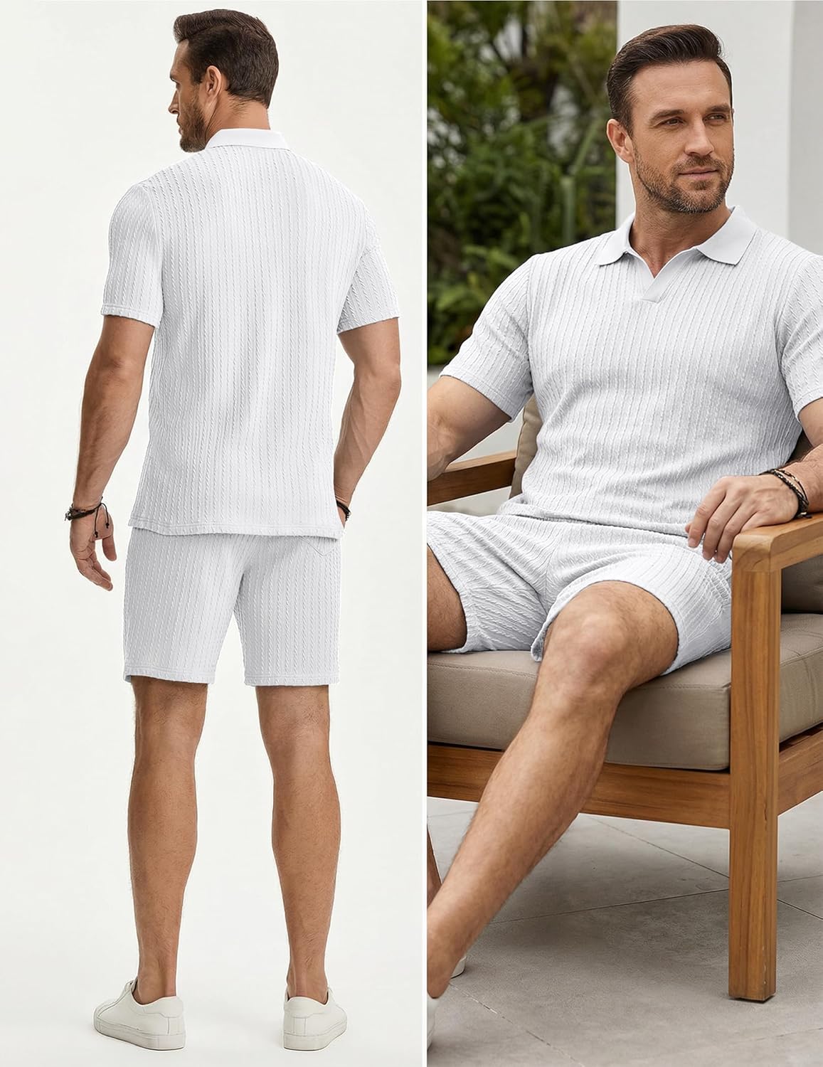 JMIERR Herren Jogginganzug Set Sommer 2 Teiliges Poloshirts Kurzarm Einfarbig Strick mit Kurze Hose Herren mit Elastischer Taille Baggy Freizeitanzug