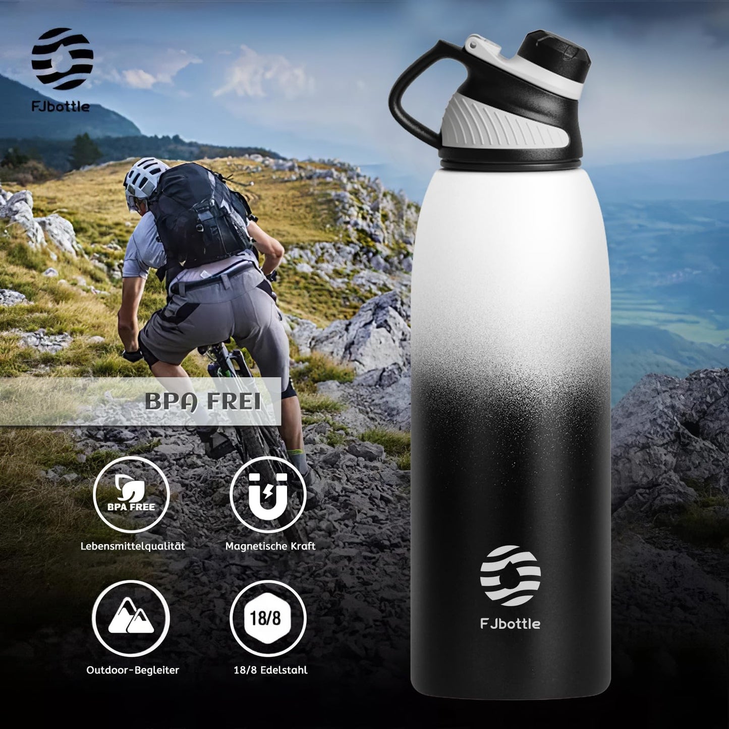 Fjbottle Edelstahl Trinkflasche Sport mit Magnetischem Deckel 1L, 800ml, 600ml, 400ml BPA-Frei Auslaufsichere Kinder Flasche - Kohlensäure geeignet 1500ML Wasserflasche Thermo für Schule, Fitness