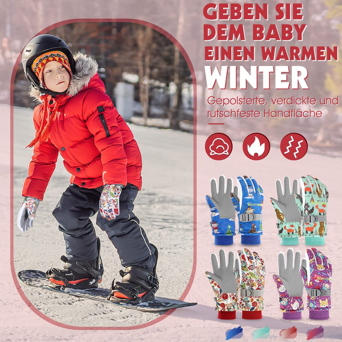 WESTGIRL Children’s Winter Gloves, Windproof, Warm Ski Gloves, Thermal Fleece, Water-Repellent Cartoon Snow Gloves, Outdoor Gloves for Snowboarding, Cycling, for Boys and Girls Aged 3–12 Years
