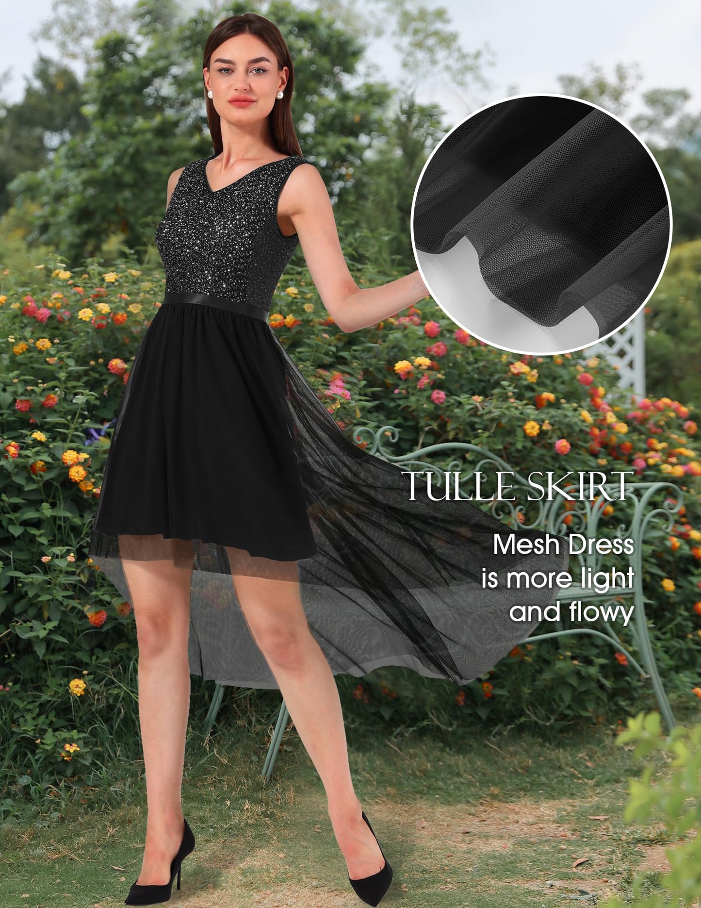 Berylove Kleid Festlich Damen Abendkleid mit Pailletten Cocktailkleid Ballkleid Lang Glitzer V Ausschnitt Ärmellos Tüllkleid