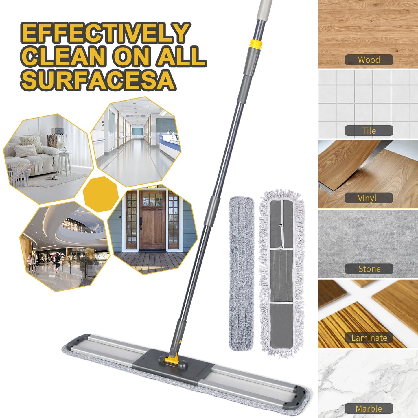 Masthome Wischmopp Bodenwischer Bodenreiniger,Mikrofaser Mopp mit 128cm Teleskopstiel,Wischer Boden Flachmopp mit 4 Moppads für Hartholz,Laminat,Fliesen,Marmor,Send Scraping Dust