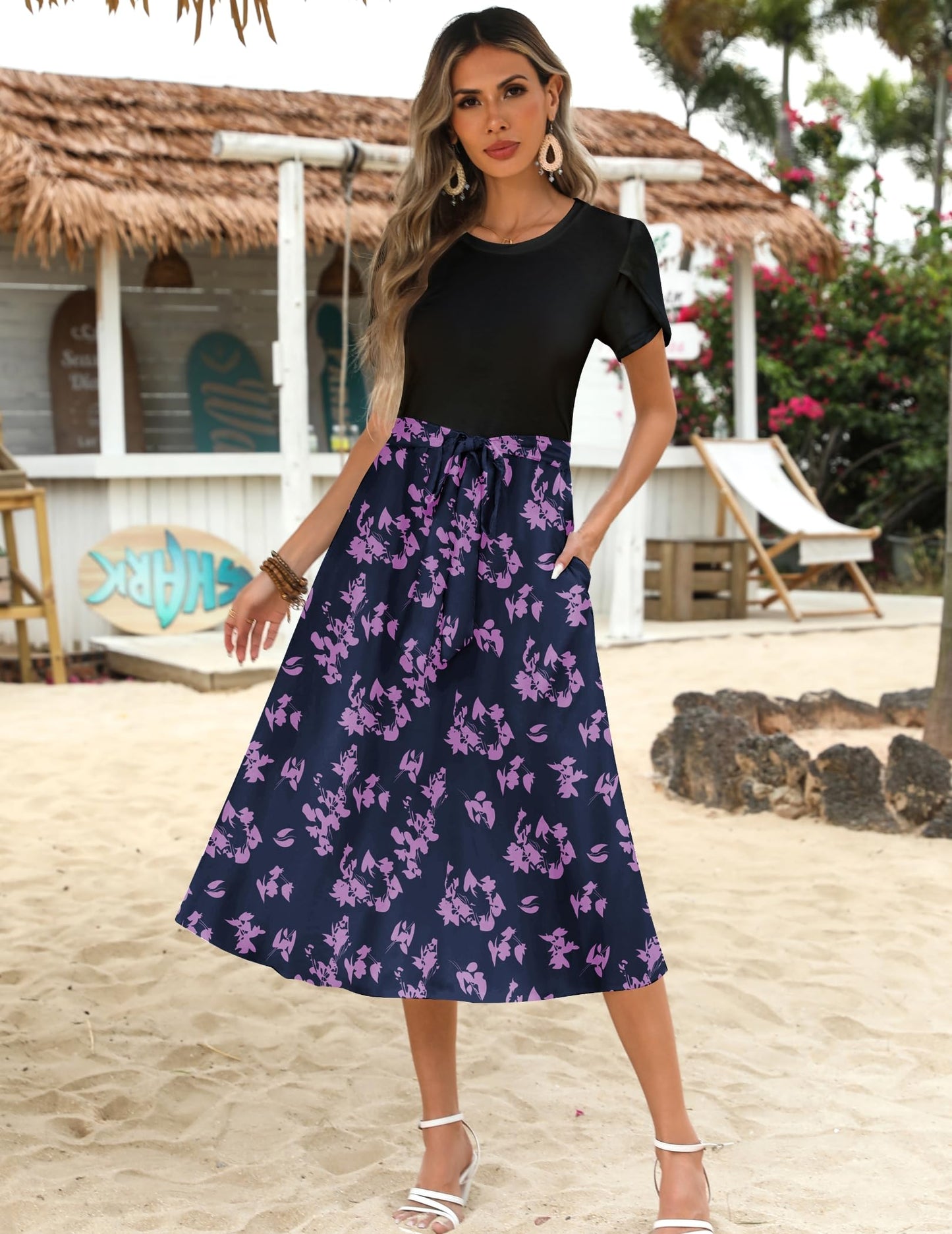 ZEAGOO Sommerkleid Damen Elegant Kleider Kurzarm Rundhals Midikleid A-Linie Blumenkleid Casual Tunika Kleid Hohe Taille Strandkleid mit Taschen S-XXL