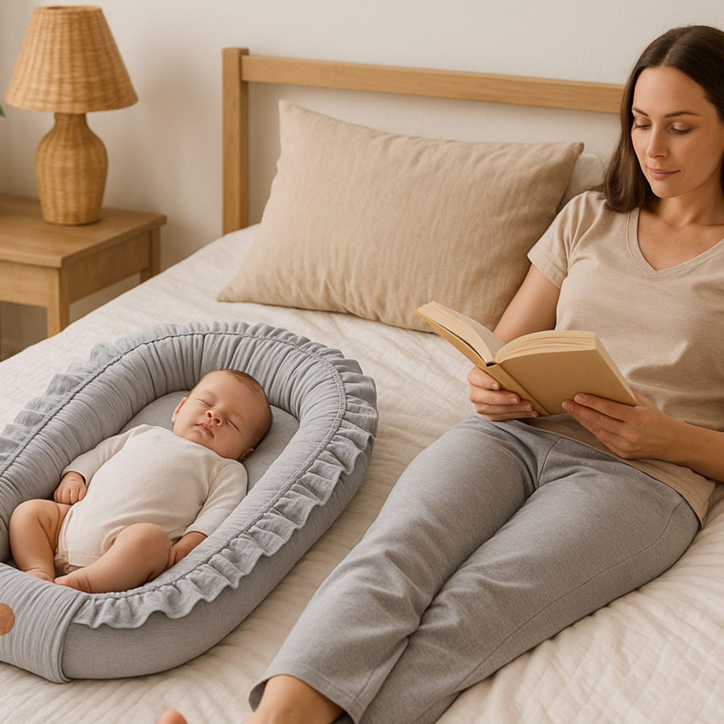 Musselin Babynest Nestchen Baby 90x50 cm - Babynestchen Neugeborene Nest für Kinder Bett und Babybett tragbar Kuschelnest Coccon für Jungen und Mädchen Baumwolle Grau