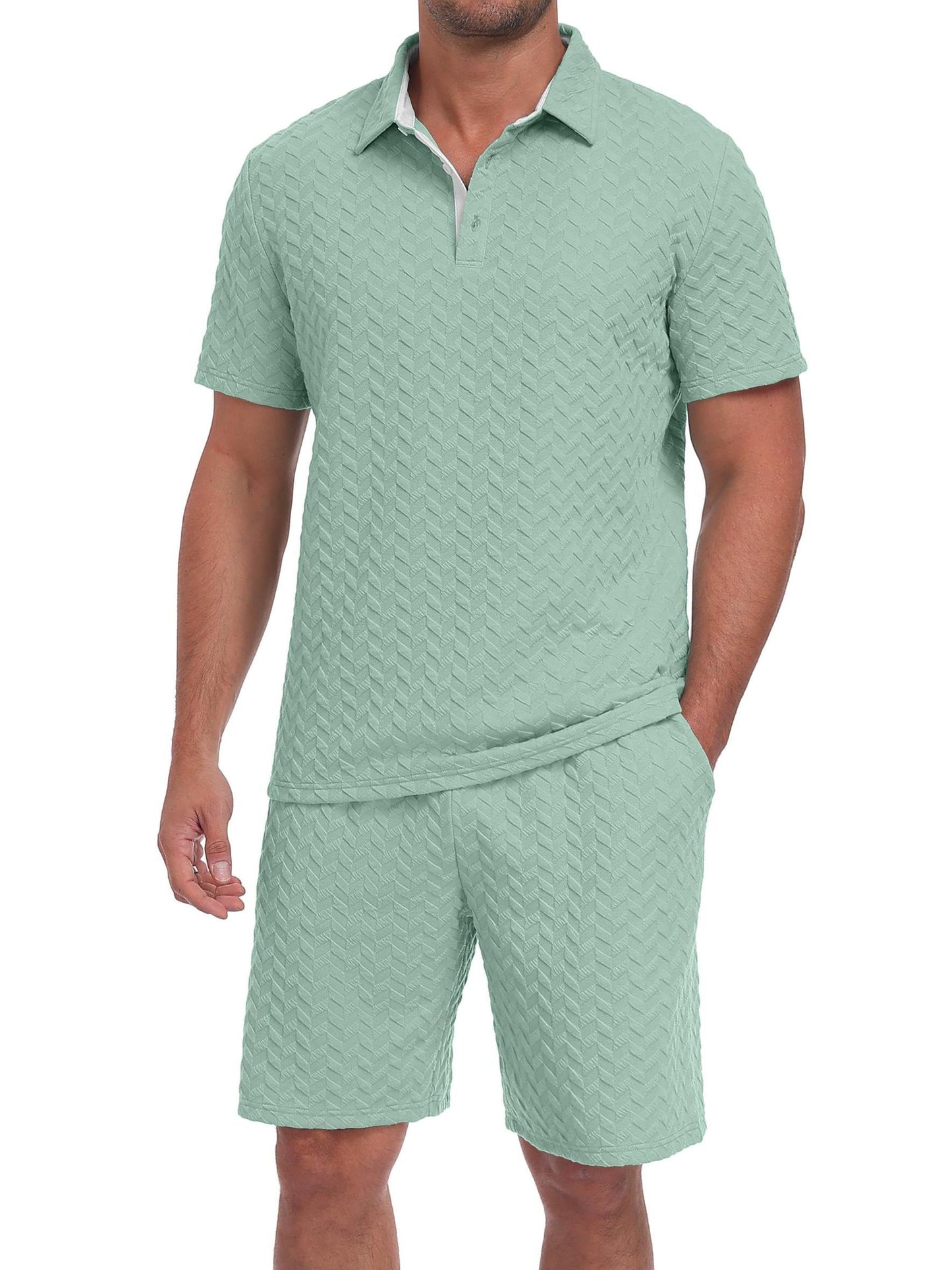 QIXING Herren Sommer Set 2 Teiler Polohemd und Shorts Set Herren Kurzarm Polo Shirt mit Strukturmuster Leichtes Freizeit Outfit für Urlaub Strand Reisen und Alltag