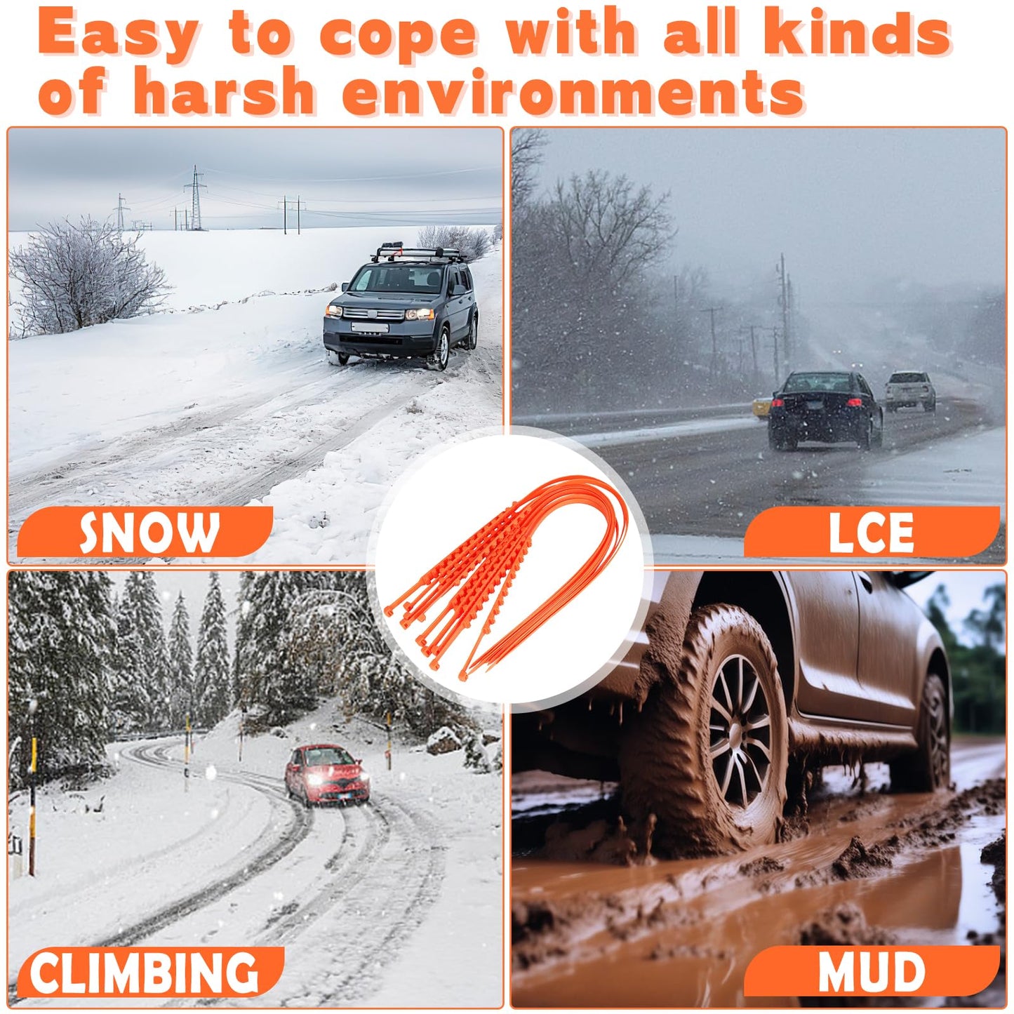 badaren Schneeketten, 10 Stück Notfall-Anti-Rutsch-Universal-Autoreifenketten, Wiederverwendbare Auto Schneeketten, Geeignet für Pkw/Geländewagen/Lkw/Suv, Einsetzbar Auf Schnee, Schlamm (Orange A)