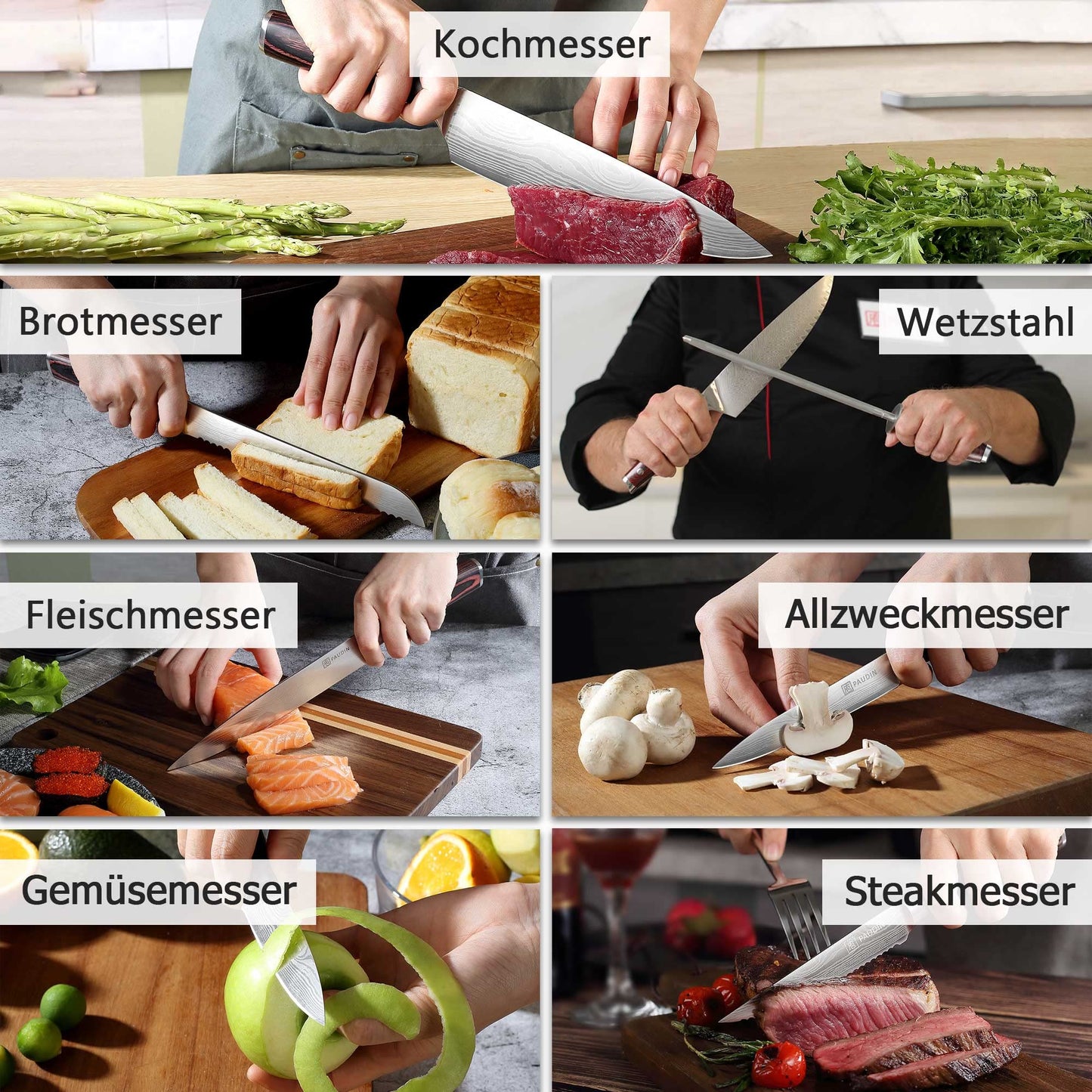 PAUDIN Messerblock, 14-teiliges Messer-Set für die Küche, scharf, hochwertiges deutsches Edelstahlmesser-Set mit Holzblock, Messerschäfer und Schere