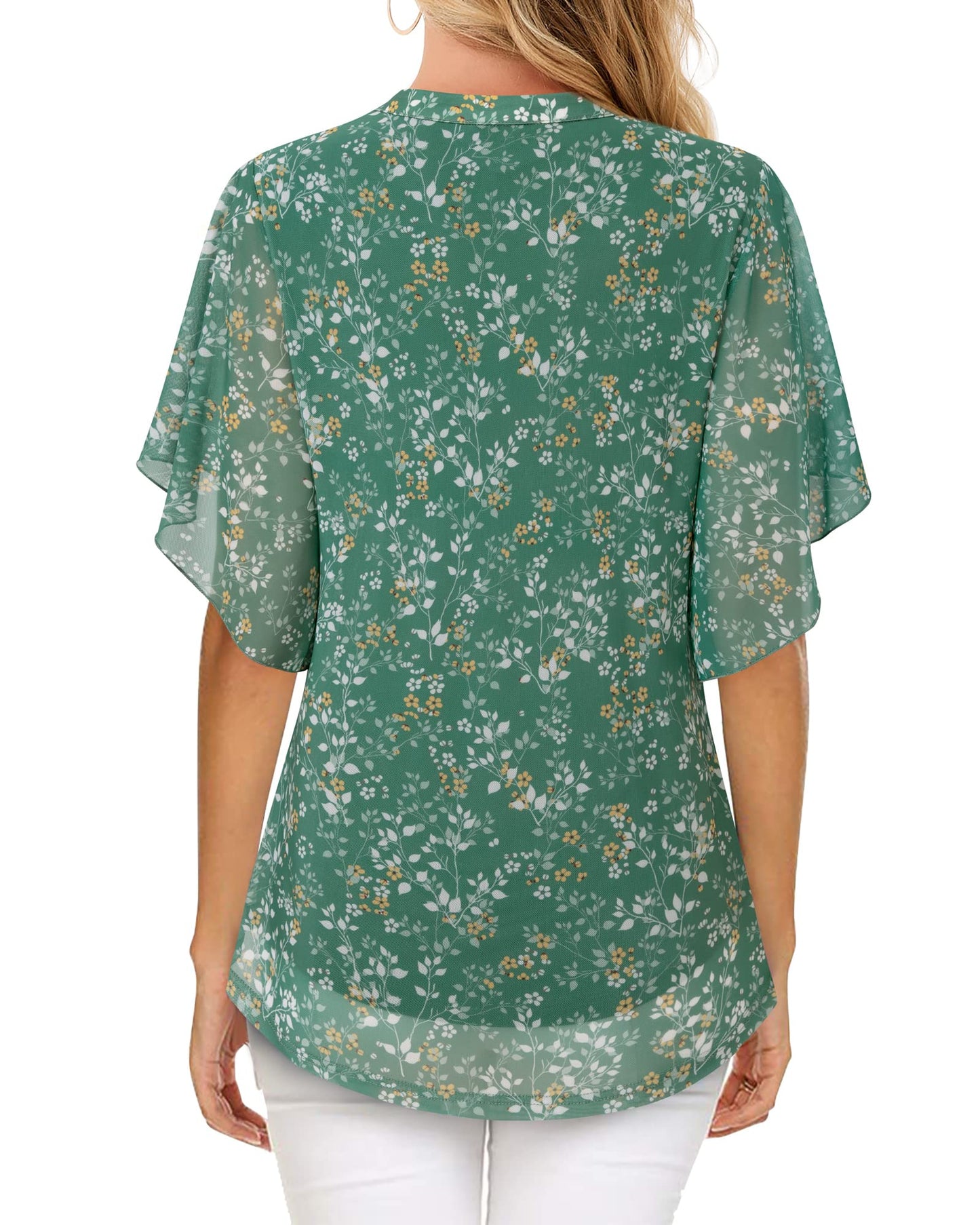 Vafoly Bluse Damen Elegant Kurzarm Sommer Tunika V-Ausschnitt Mesh Oberteil Blumen Doppellagige Tunika