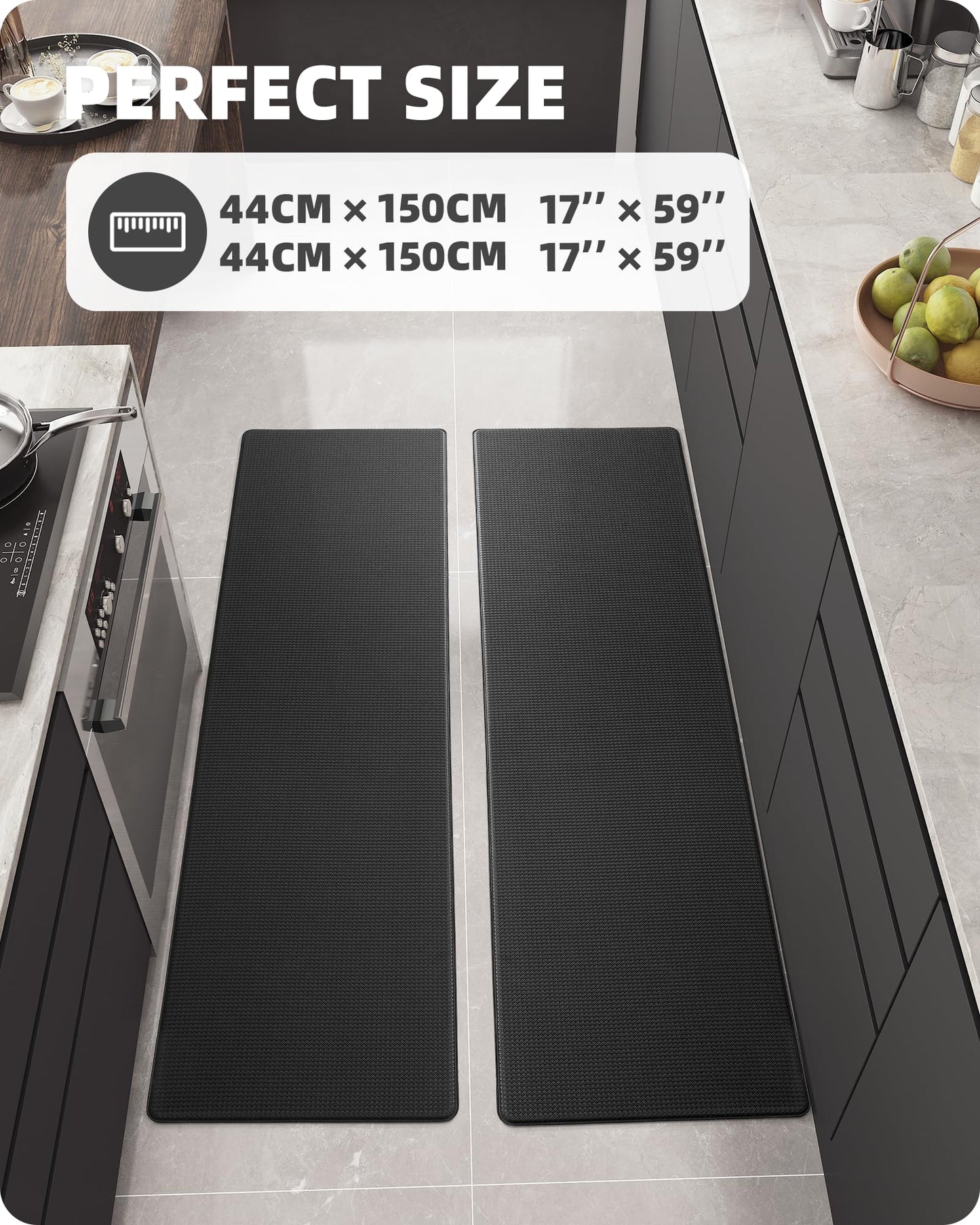 Color G Küchenläufer 2 Stück, küchenteppich waschbar rutschfest, Teppich küche mit Ölfest und Wasserdicht, Gummirücken Küchenmatte für Esszimmer, Küche, läufer Flur(44x150CM + 44x150CM, Schwarz)