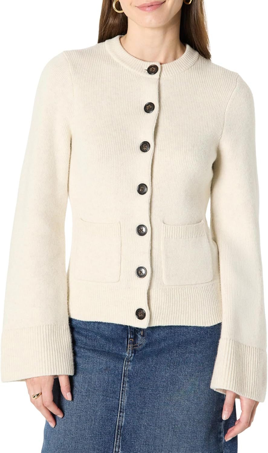 Amazon Essentials Damen Langärmelige Regular-Fit-Strickjacke mit Glockenärmeln und tailliertem Schnitt