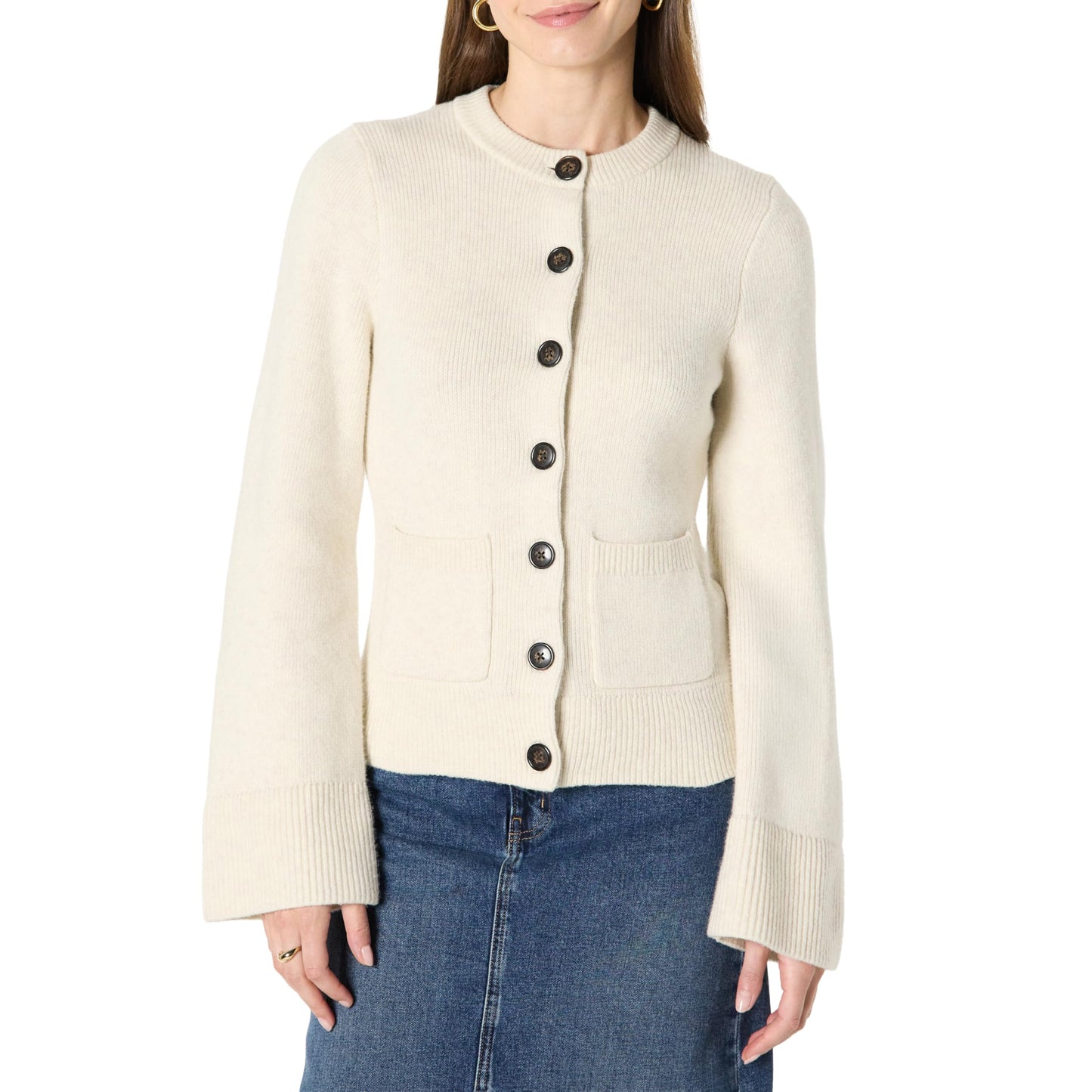 Amazon Essentials Damen Langärmelige Regular-Fit-Strickjacke mit Glockenärmeln und tailliertem Schnitt