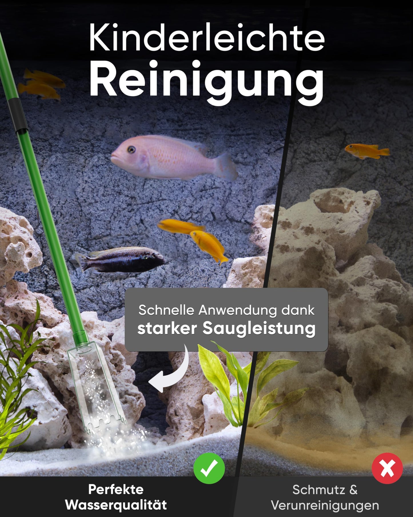 WASSERHELD - Mulmsauger Aquarium mit 3 Aufsätzen - Aquarium Wasserwechsel [3M Schlauch] - Aquarium Reinigungsset & Aquarium Sauger für Kies und Sand mit Schlauchventil - Aquarium Zubehör inkl. Buch