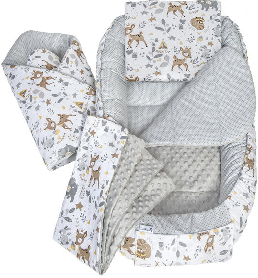 Medi Partners Babynest Nestchen Baby Set für Neugeborene - 100x60x15 Kuschelnest 5 teilig tragbar Nest zweiseitig Babynestchen Bett 100% Baumwolle (Lichtung mit grauem Minky)