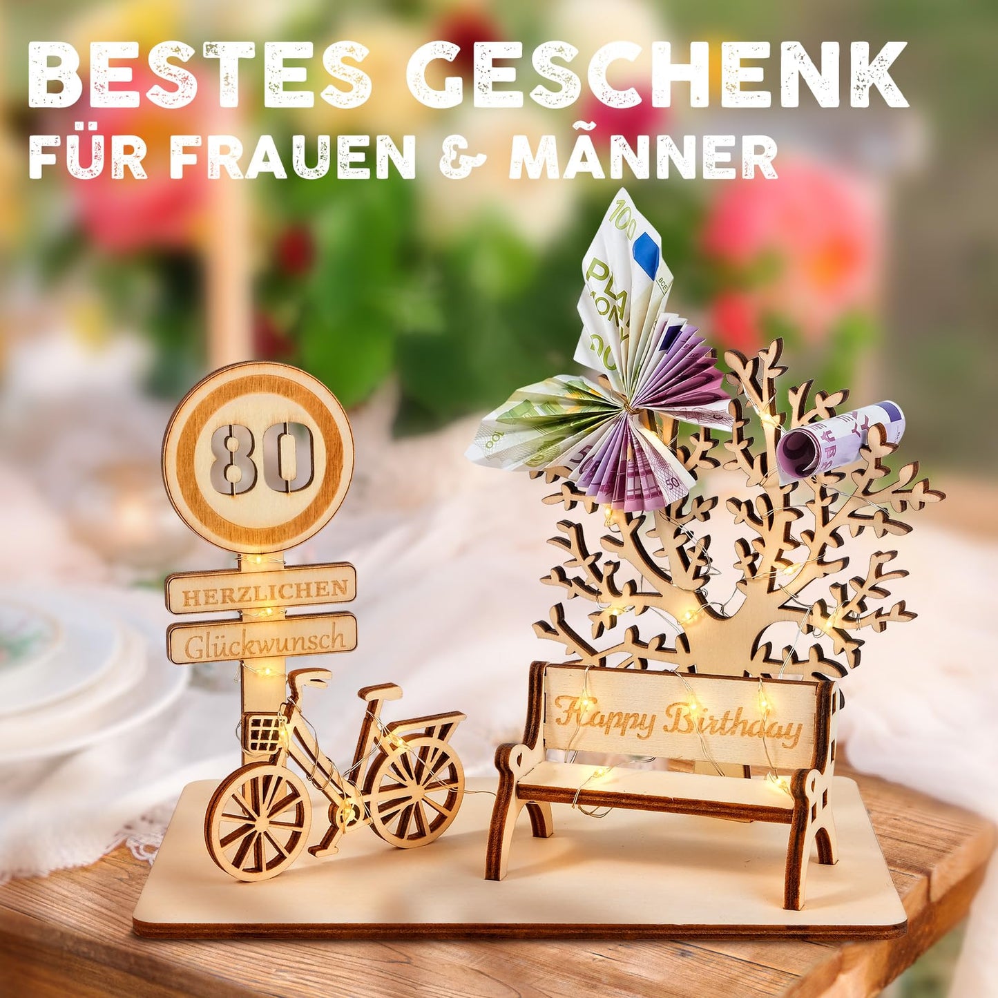 I LOVE MOM Geldgeschenk Geburtstag Holz, Fahrrad Geschenk, DIY Holz Schild Gästebuch Dreidimensionale Bäume Sitzbank Deko Zahlen für Geschenke, Hochzeiten, Partys, Geburtstage, Jubiläum (GYY-60)