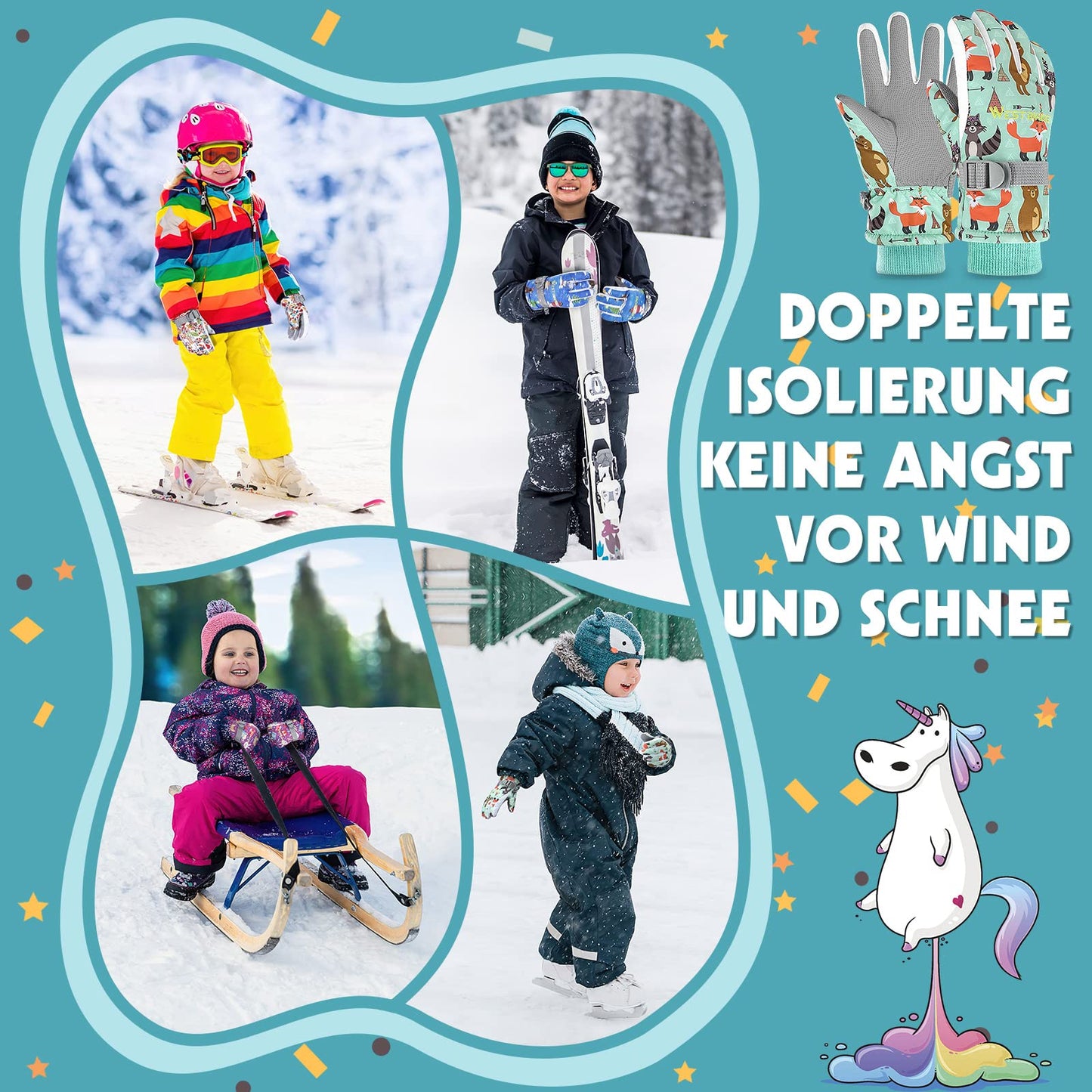 WESTGIRL Children’s Winter Gloves, Windproof, Warm Ski Gloves, Thermal Fleece, Water-Repellent Cartoon Snow Gloves, Outdoor Gloves for Snowboarding, Cycling, for Boys and Girls Aged 3–12 Years