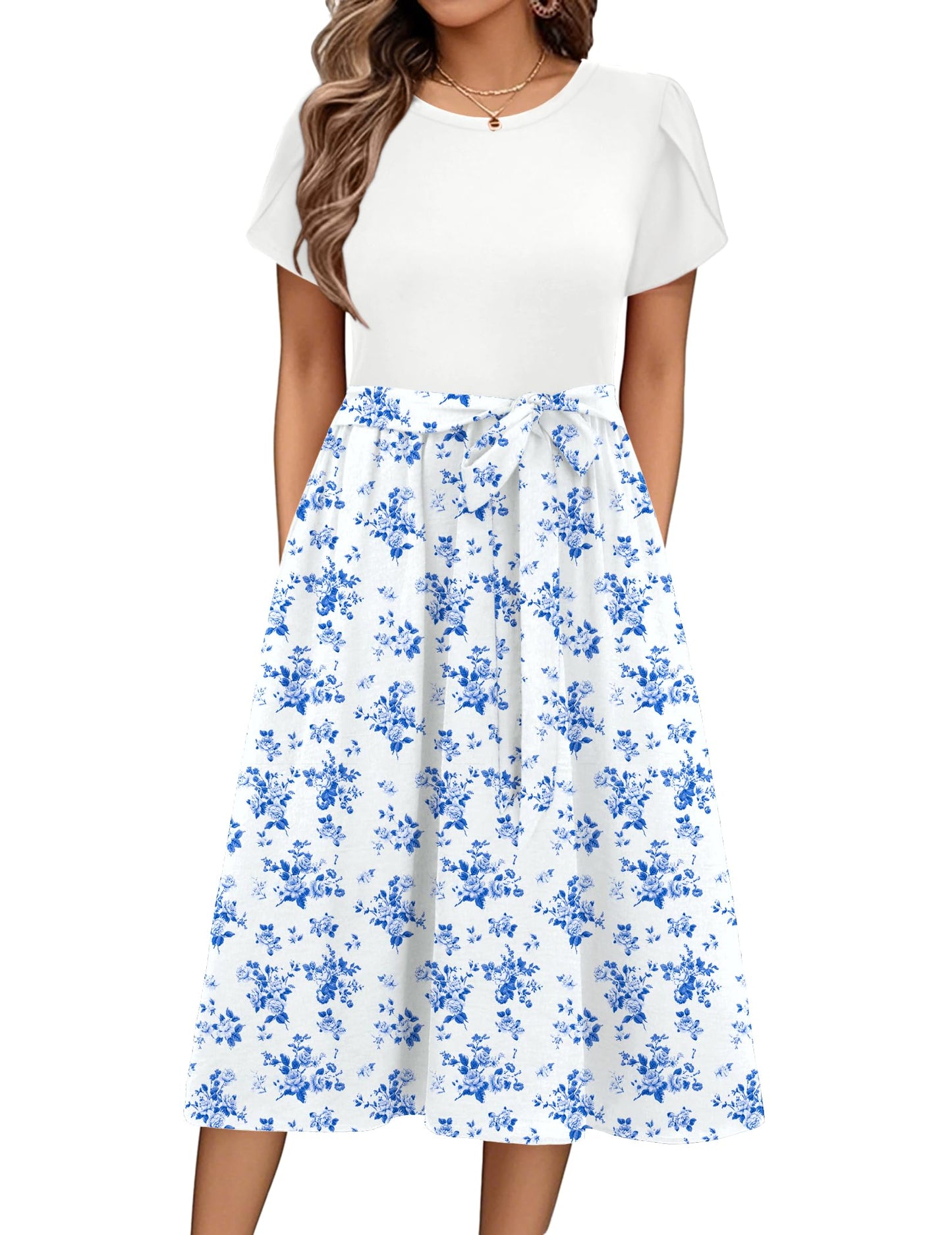 ZEAGOO Sommerkleid Damen Elegant Kleider Kurzarm Rundhals Midikleid A-Linie Blumenkleid Casual Tunika Kleid Hohe Taille Strandkleid mit Taschen S-XXL