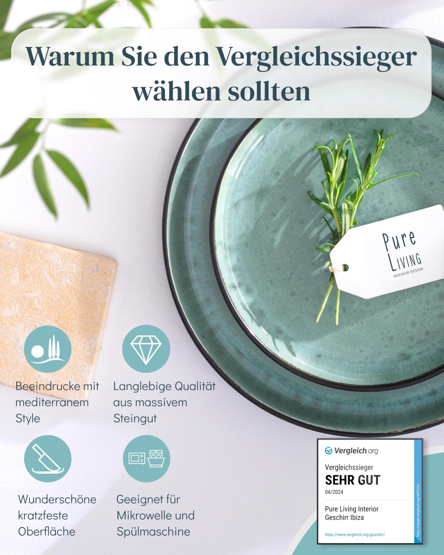 Steingut Frühstücksteller 6 Pers. Ibiza Hochwertiges Mediterranes TEST SEHR GUT Dessertteller Set - Kuchenteller spülmaschinen- und kratzfest - Kleine Teller, Salatteller Pure Living in Petrol