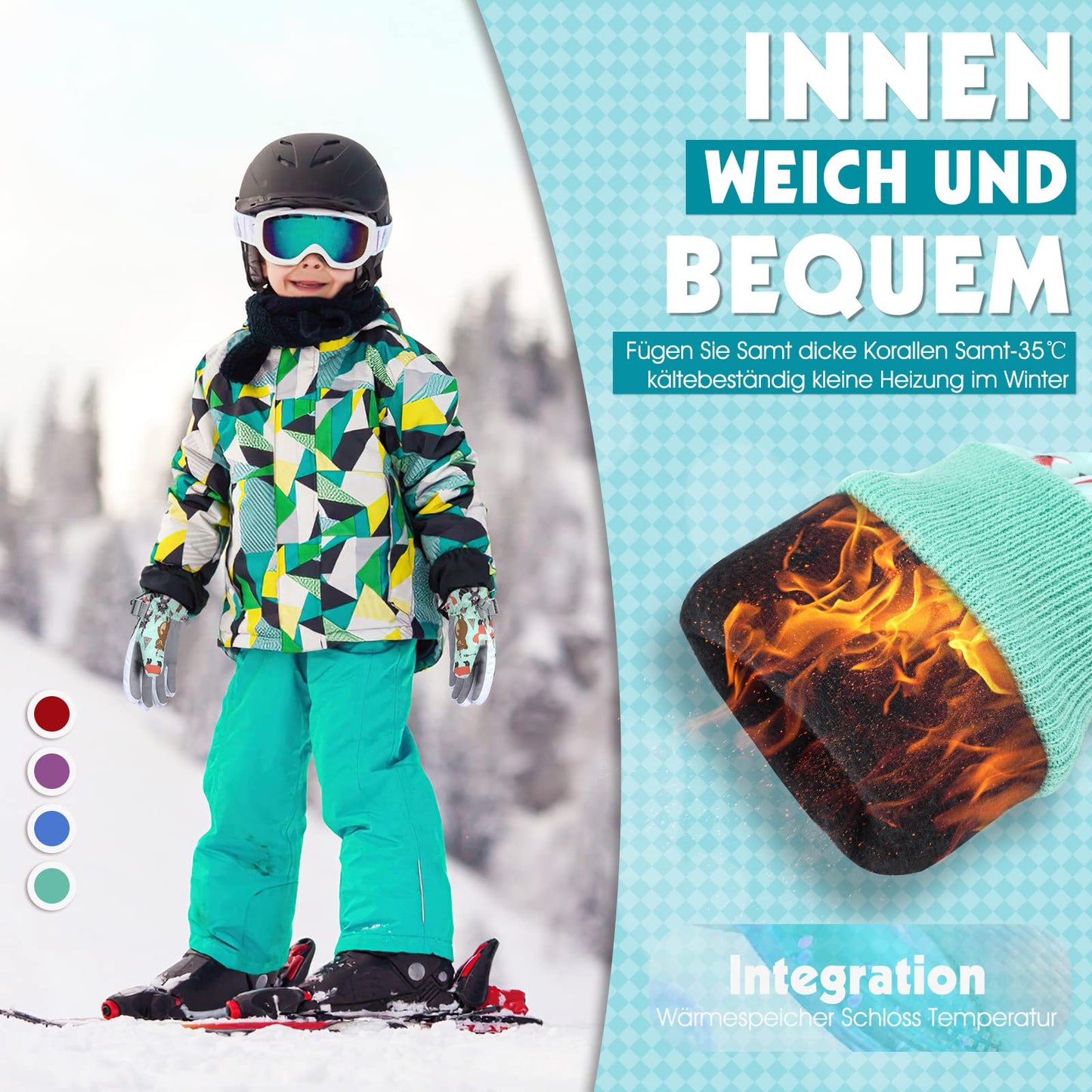 WESTGIRL Children’s Winter Gloves, Windproof, Warm Ski Gloves, Thermal Fleece, Water-Repellent Cartoon Snow Gloves, Outdoor Gloves for Snowboarding, Cycling, for Boys and Girls Aged 3–12 Years