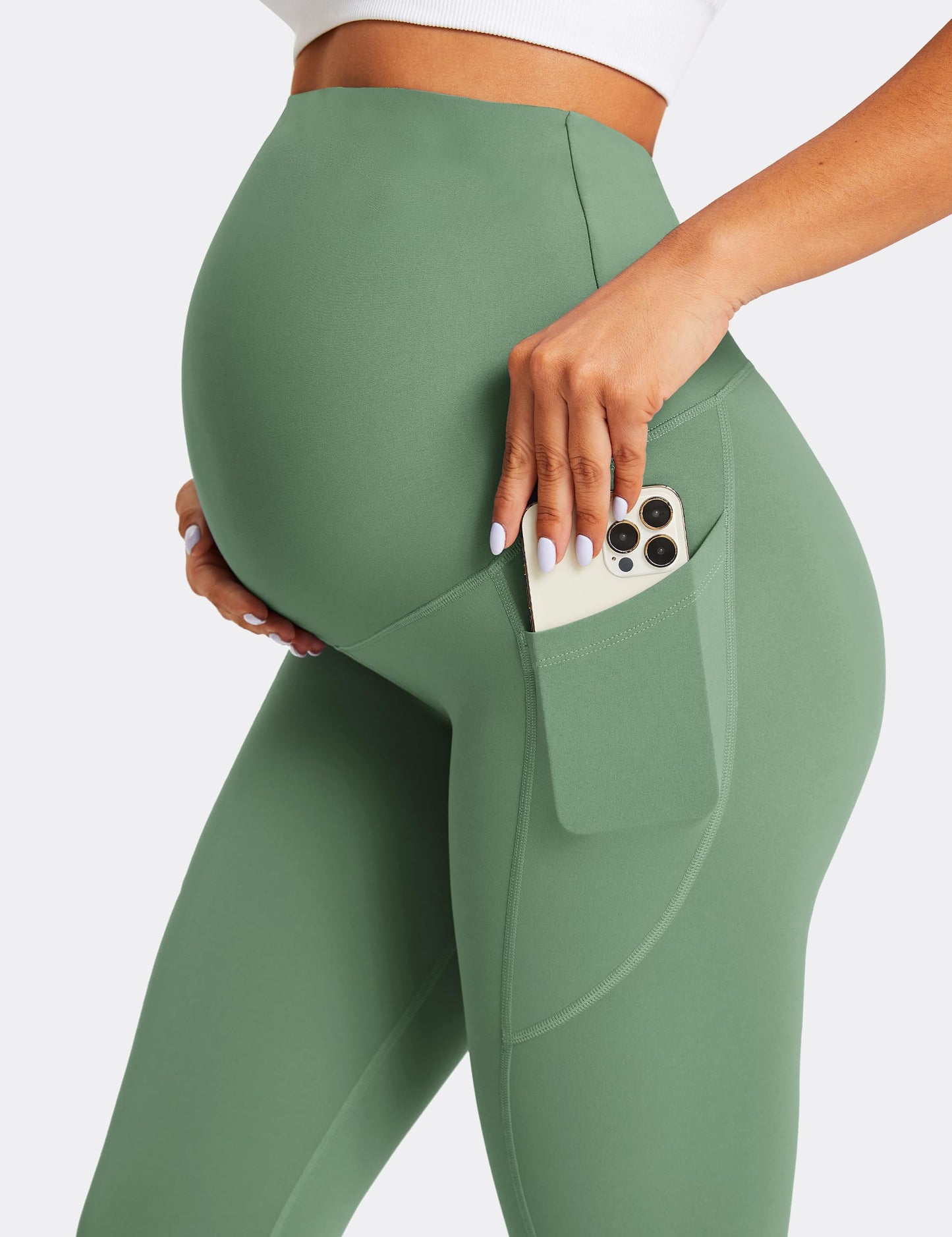 BAYDI Damen Umstandsleggings mit Taschen Blickdichte Lange Schwangerschaftsleggings High Waist Umstandshose Damen Weich elastisch Schwangerschaftshose