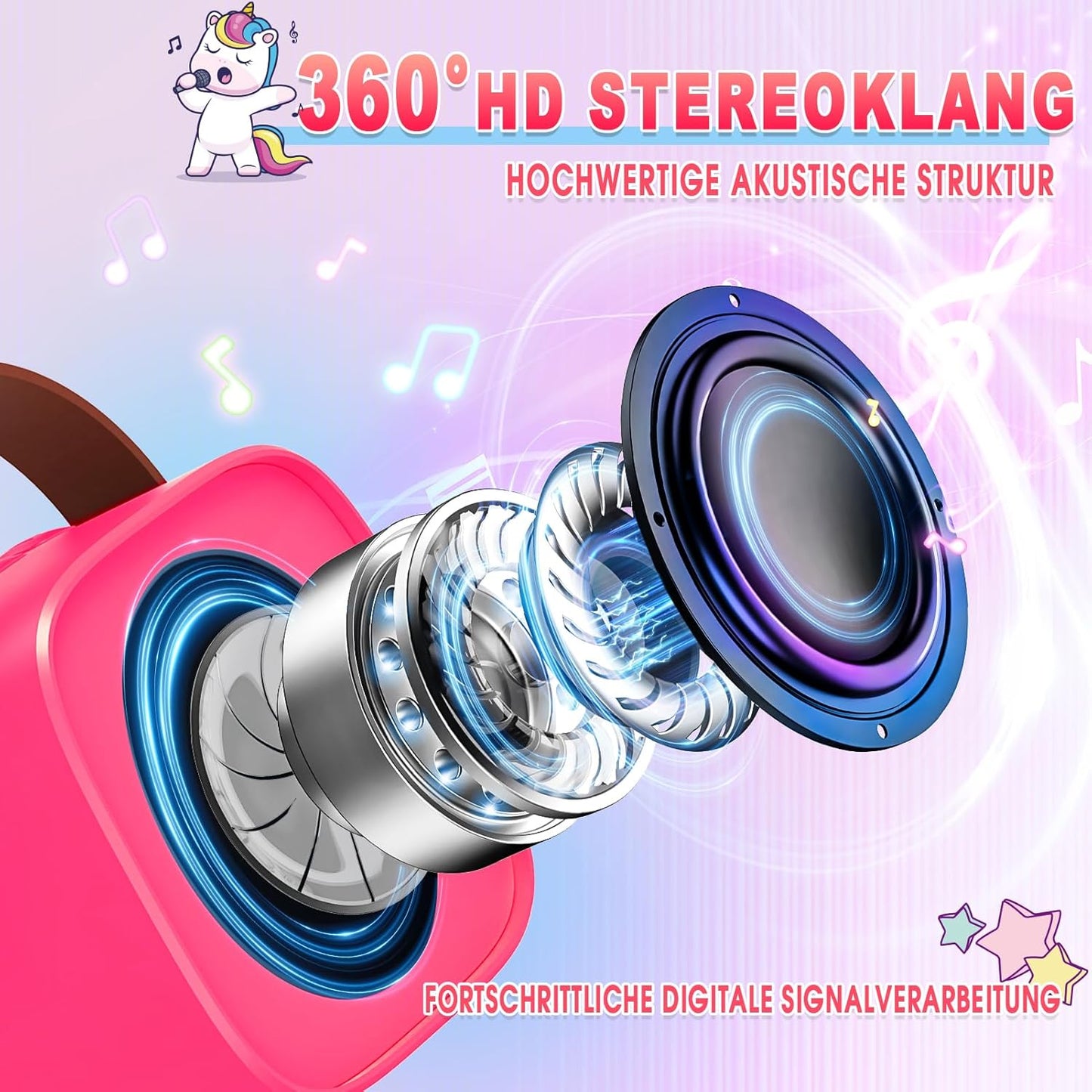 Karaoke Machine with 2 Bluetooth Microphones, Children's Unicorn Christmas Gifts Toy for Girls 3-12 Years, Portable Karaoke Microphone Set with DSP and LED Lights