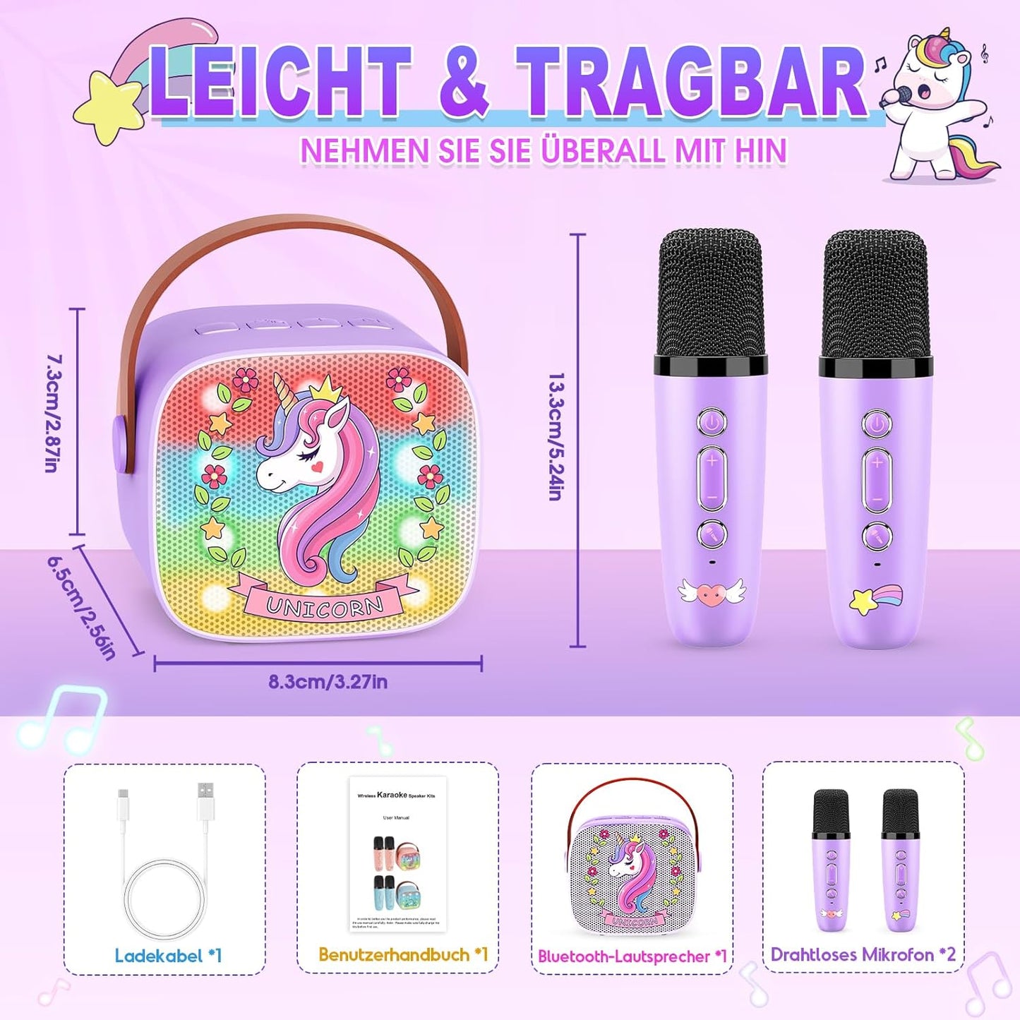 Karaoke Machine with 2 Bluetooth Microphones, Children's Unicorn Christmas Gifts Toy for Girls 3-12 Years, Portable Karaoke Microphone Set with DSP and LED Lights