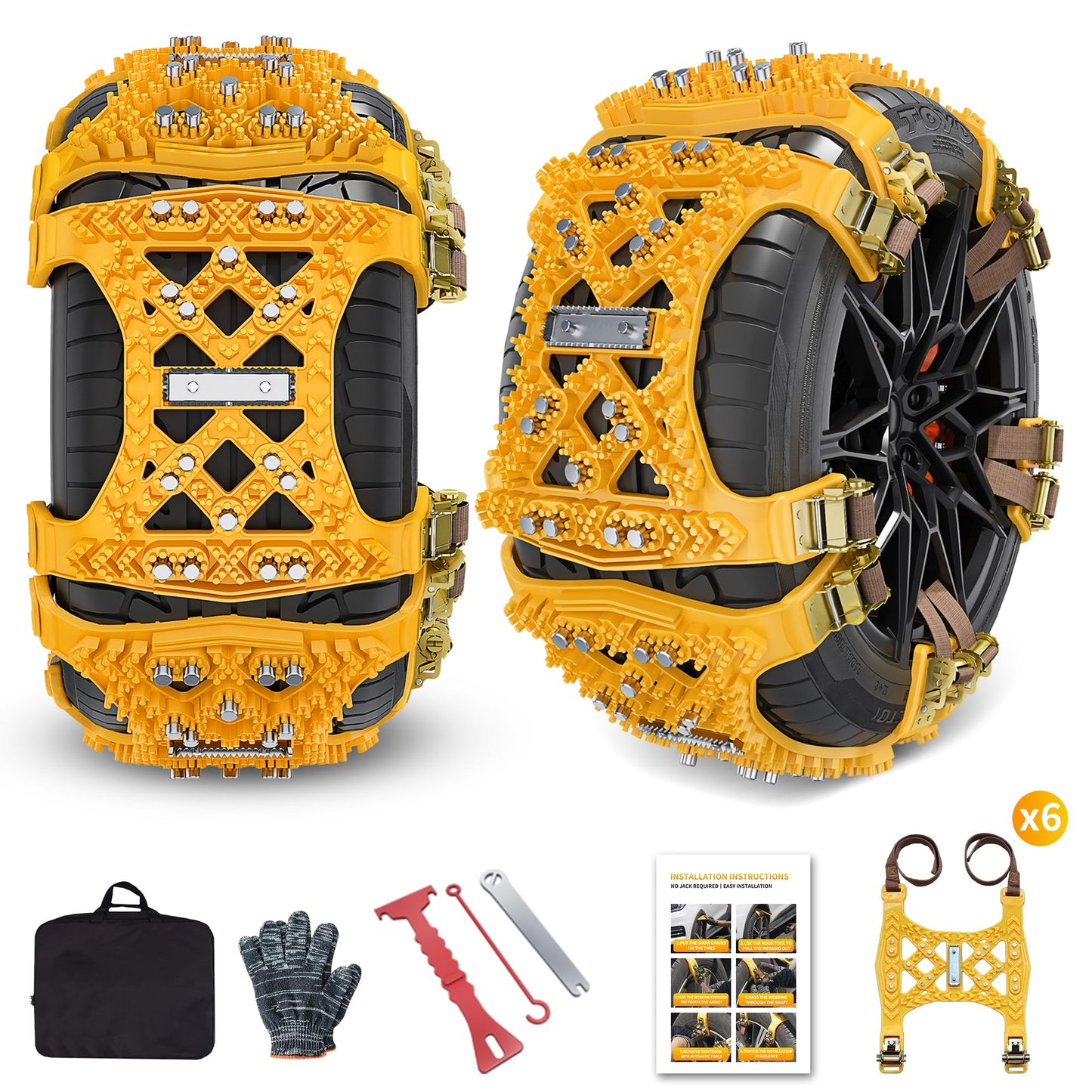 Schneeketten, 6 Stück Universal Schneeketten für Auto, SUV Reifen Anti Schneeketten Snow Chains für Eis, Schnee und matschigen Straßen (Reifenbreite 165mm-265mm/6.5-10.4'')