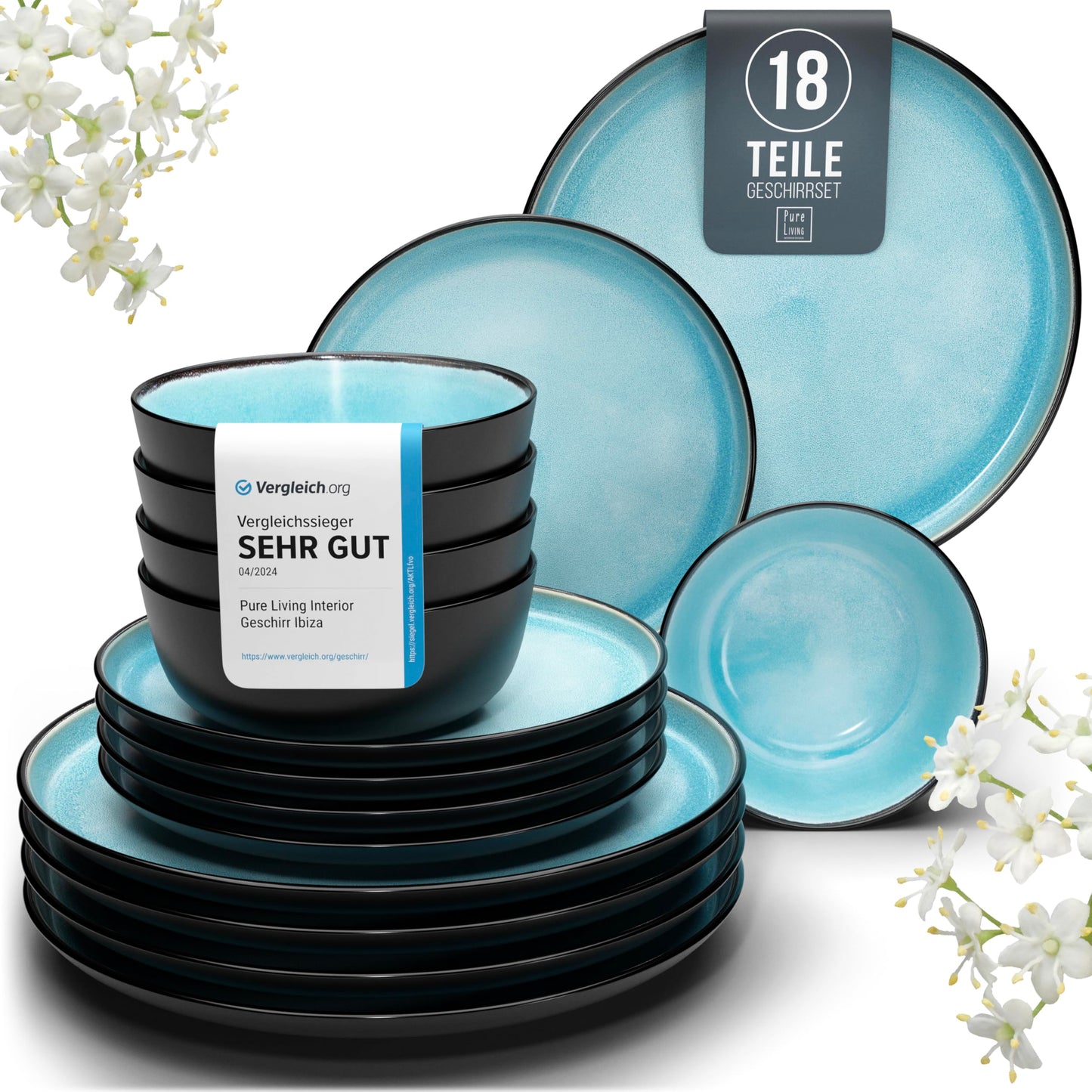 Steingut Frühstücksteller 6 Pers. Ibiza Hochwertiges Mediterranes TEST SEHR GUT Dessertteller Set - Kuchenteller spülmaschinen- und kratzfest - Kleine Teller, Salatteller Pure Living in Petrol