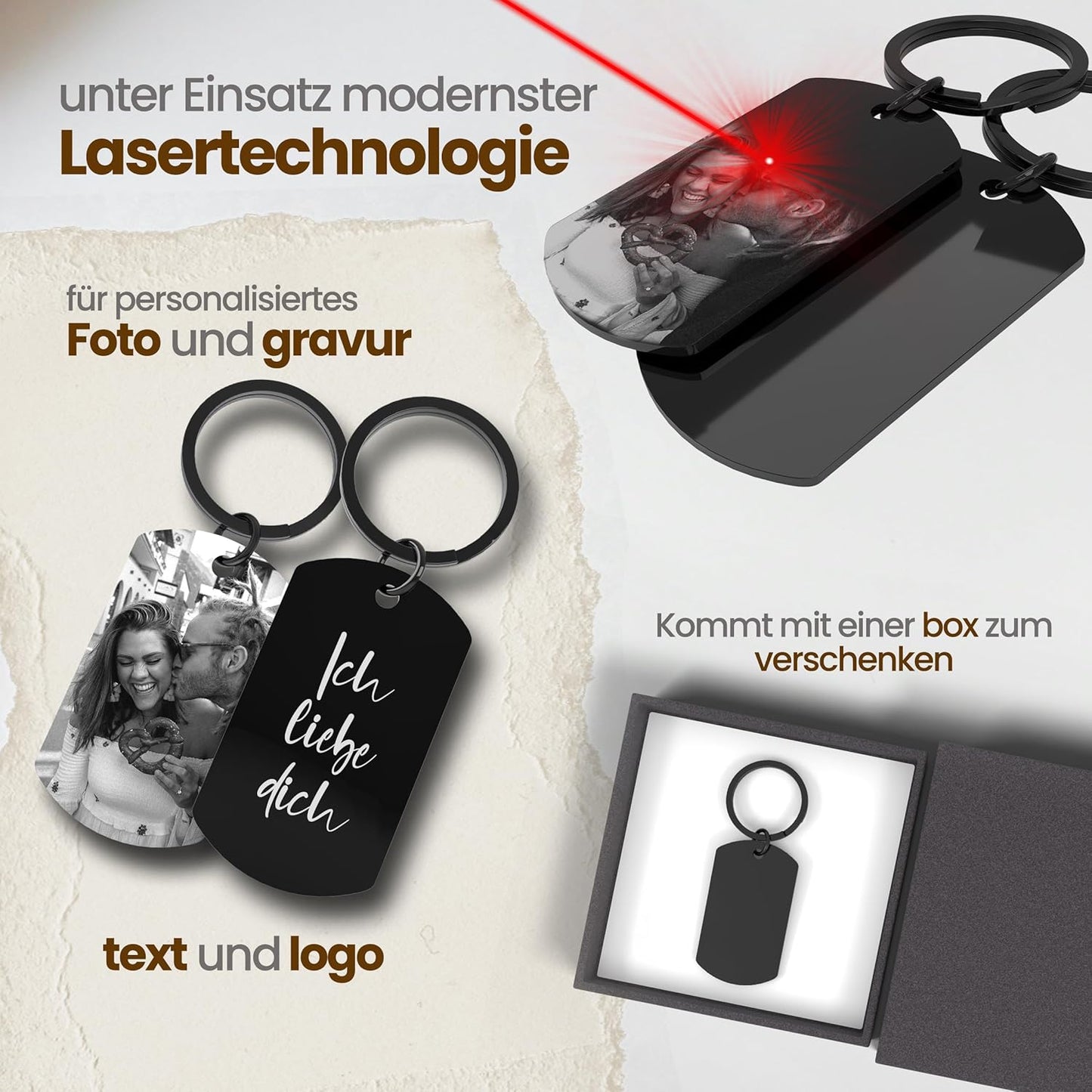 Meinearmbänder Personalisierter Schlüsselanhänger mit Bild & Gravur | Personalisierte Geschenke | Edelstahl | Schwarz Weiss Bild | Fotogravur | Geschenk Freund&Freundin