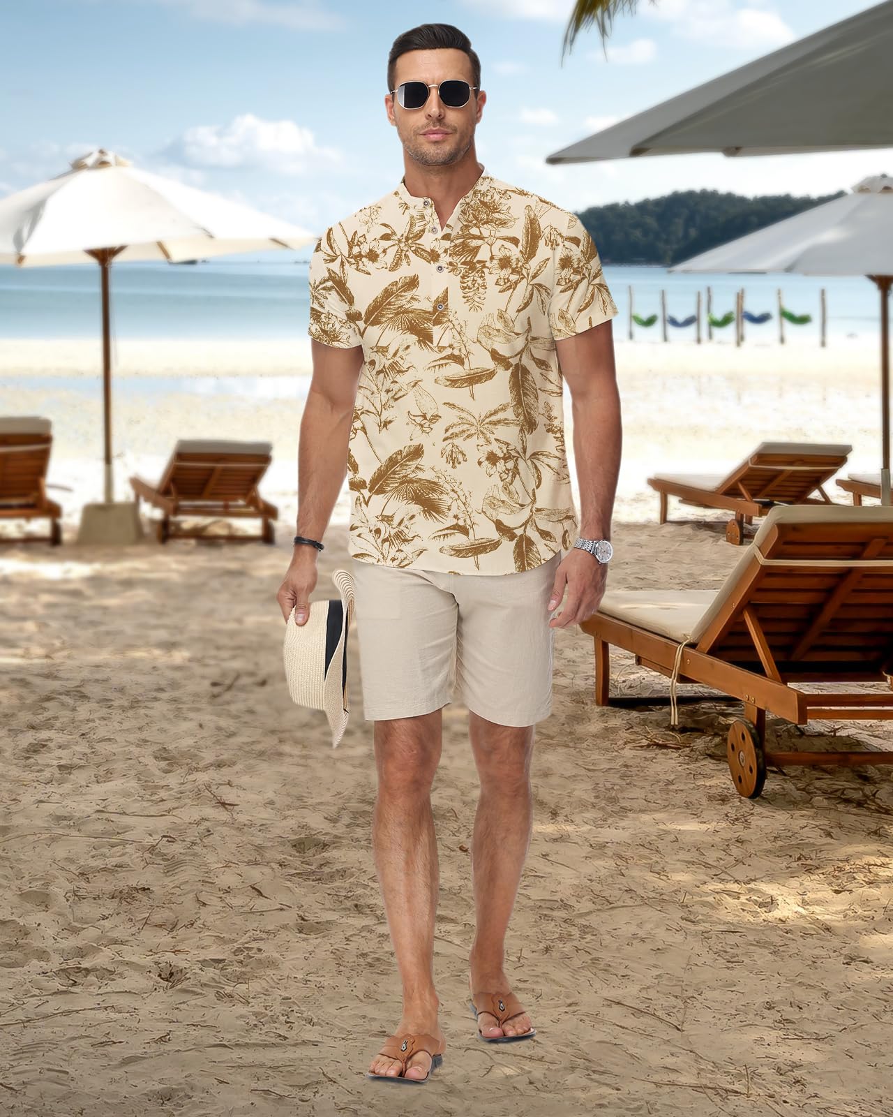 HMIYA Herren Sommerhemd Baumwolle Leinen Kurzarm Hemd Herren Henley-Kragen Lässiges Regular Fit Shirts