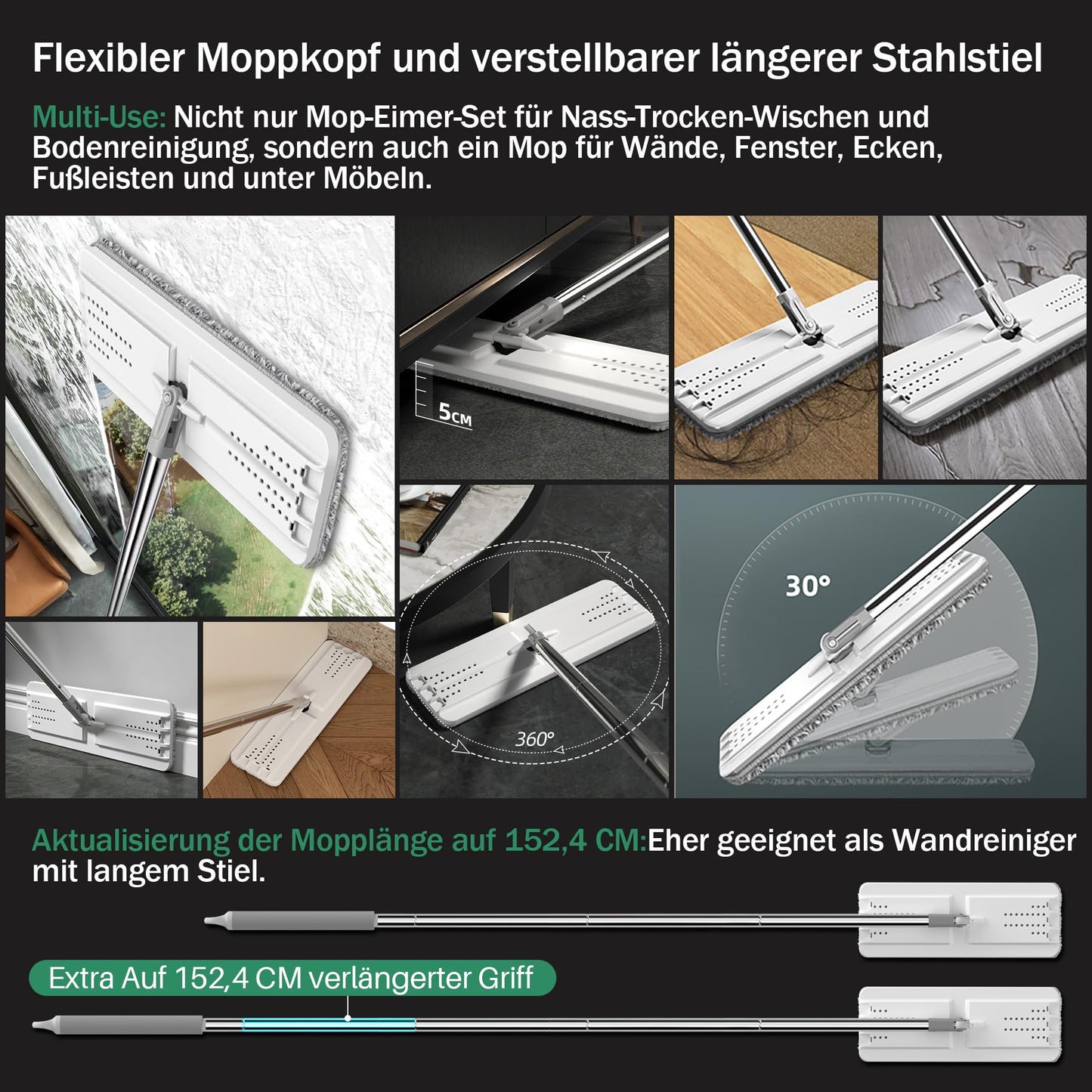 JOYMOOP Mop und Eimer mit Wringer Set, Hands Free Flat Floor Mop und Eimer, mit 5 waschbaren Mikrofaserpads, Nass- und Trockeneinsatz, Bodenreinigungssystem