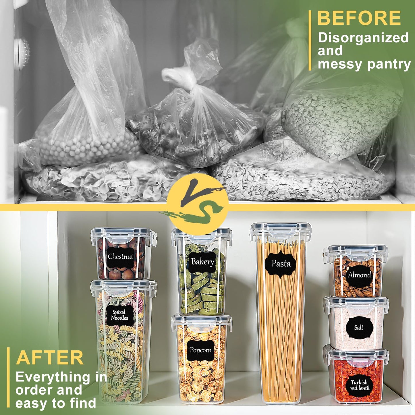 L LONGANCHANG Vorratsdosen mit Deckel Luftdicht Set of 16, BPA frei, Aufbewahrungsbox mit Deckel, Mottensichere Küchen Organizer Cornflakes Müsli Mehl Aufbewahrung, Vorratsbehälter mit Etiketten