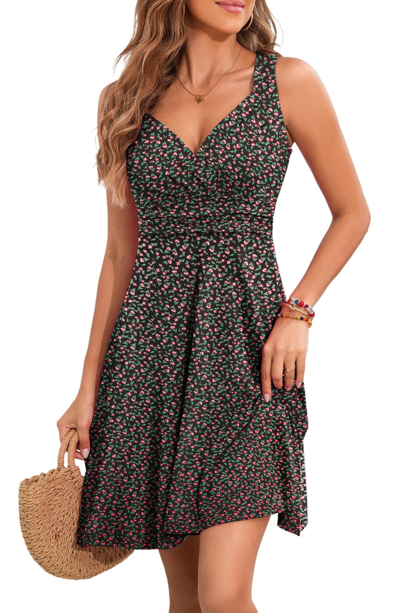 YUTILA Sommerkleid Damen V-Ausschnitt Ärmelloses Kleider Midi Blumenmuster Leicht Kleid Strandkleid