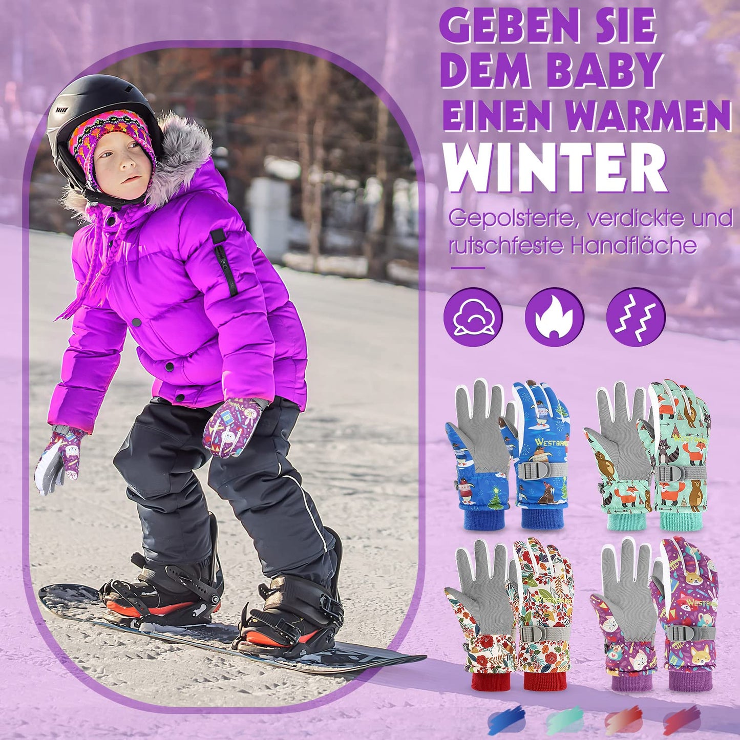 WESTGIRL Children’s Winter Gloves, Windproof, Warm Ski Gloves, Thermal Fleece, Water-Repellent Cartoon Snow Gloves, Outdoor Gloves for Snowboarding, Cycling, for Boys and Girls Aged 3–12 Years
