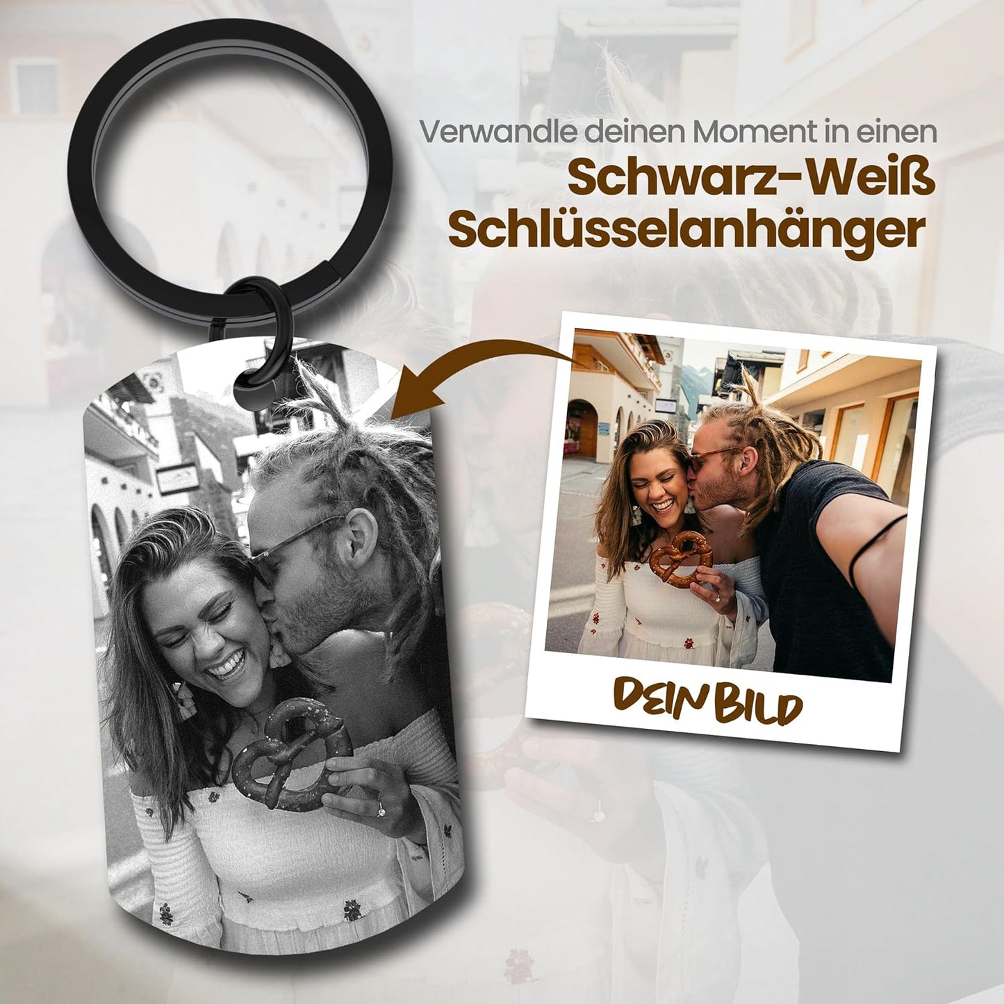 Meinearmbänder Personalisierter Schlüsselanhänger mit Bild & Gravur | Personalisierte Geschenke | Edelstahl | Schwarz Weiss Bild | Fotogravur | Geschenk Freund&Freundin