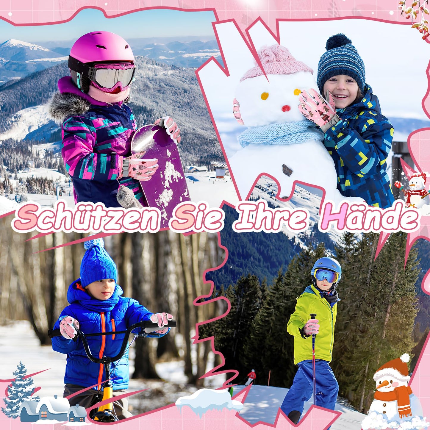 WESTGIRL Children’s Winter Gloves, Windproof, Warm Ski Gloves, Thermal Fleece, Water-Repellent Cartoon Snow Gloves, Outdoor Gloves for Snowboarding, Cycling, for Boys and Girls Aged 3–12 Years