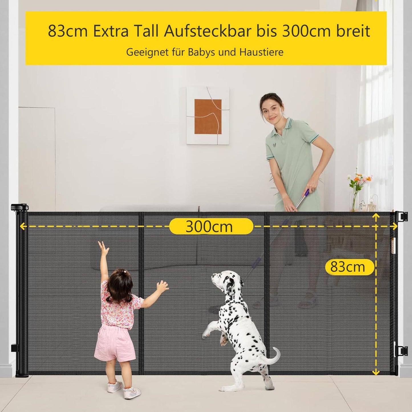 Retractable Stair Safety Gate for Babies, 0-150 cm Wide, Baby Barrier, Cat and Dog Barrier, One-Handed Operation, Suitable for Indoor & Outdoor Use (150 cm, Black)