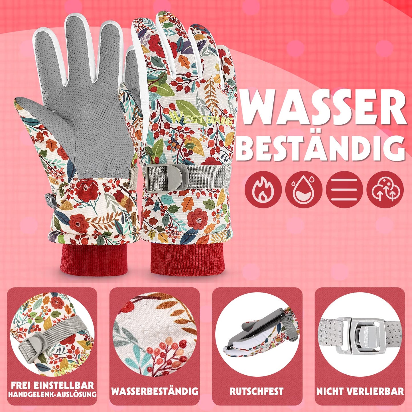 WESTGIRL Children’s Winter Gloves, Windproof, Warm Ski Gloves, Thermal Fleece, Water-Repellent Cartoon Snow Gloves, Outdoor Gloves for Snowboarding, Cycling, for Boys and Girls Aged 3–12 Years