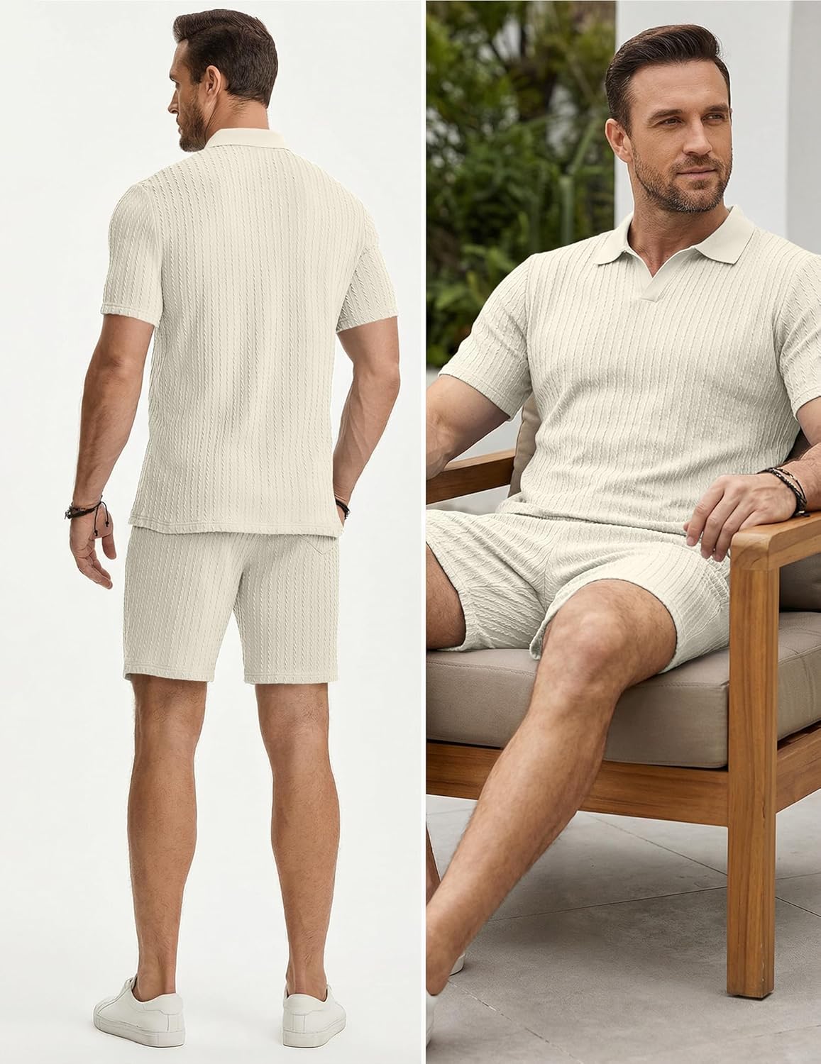 JMIERR Herren Jogginganzug Set Sommer 2 Teiliges Poloshirts Kurzarm Einfarbig Strick mit Kurze Hose Herren mit Elastischer Taille Baggy Freizeitanzug