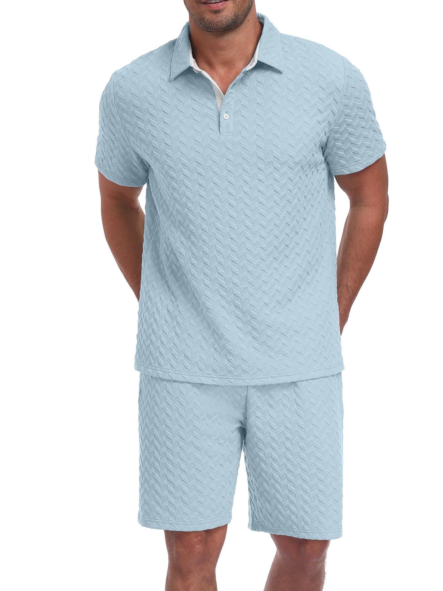 QIXING Herren Sommer Set 2 Teiler Polohemd und Shorts Set Herren Kurzarm Polo Shirt mit Strukturmuster Leichtes Freizeit Outfit für Urlaub Strand Reisen und Alltag